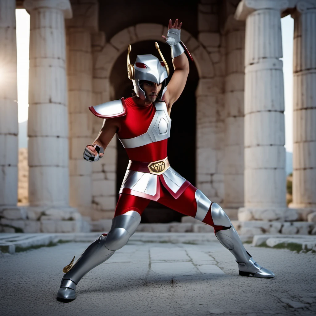 cinematic photo a realistic full body man facing the viewer wears a helmet and armor, greek antic temple background, casting a powerfull spell, energy, powerfull <lora:Seya1024:0.8> . 35mm photograph, film, bokeh, professional, 4k, highly detailed