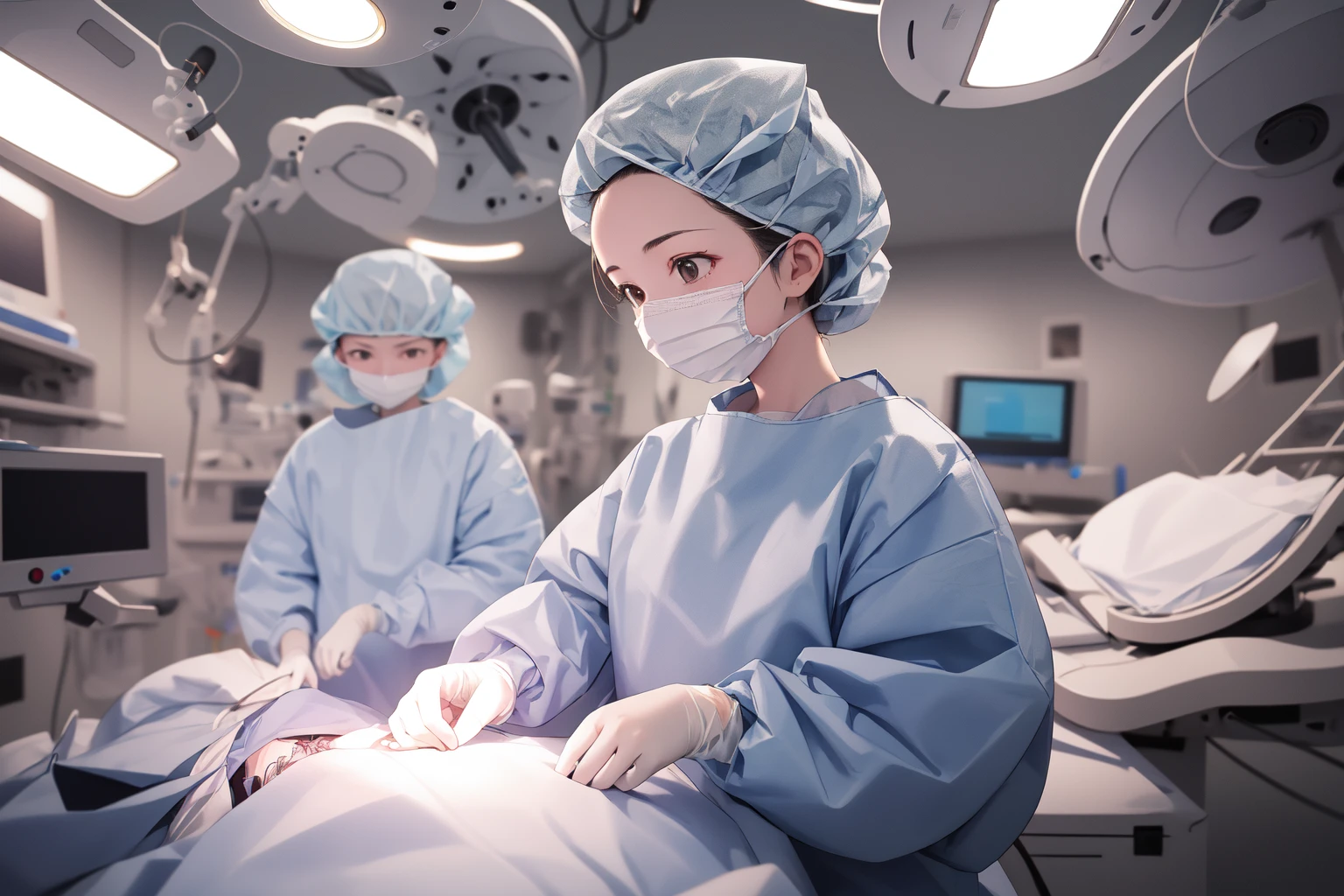 (RAW photo, best quality), 1girl, long sleeve surgical outfit, surgical mask,  surgical gloves, surgical cap,  operating room, overhead surgical light, dslr, blurred background, focused
 <lora:concept_surgery_cap_v2_1:1> surgery_cap