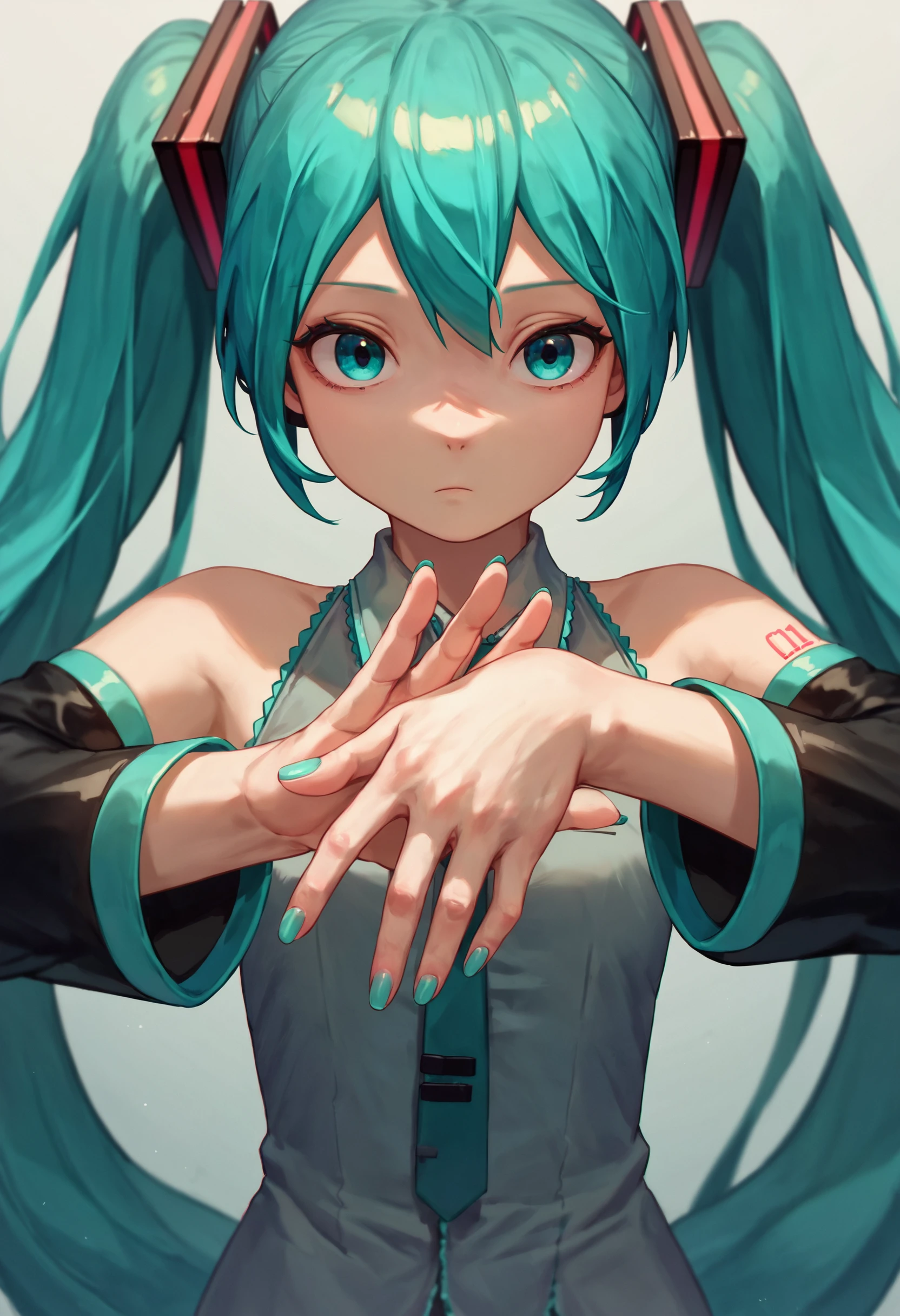 score_9_up score_8_up score_7_up, 1girl, own hands together, hatsune miku, expressionless, [looking down:looking at viewer:0.3]
<lora:chainsawman_pose_makima_pony:1>