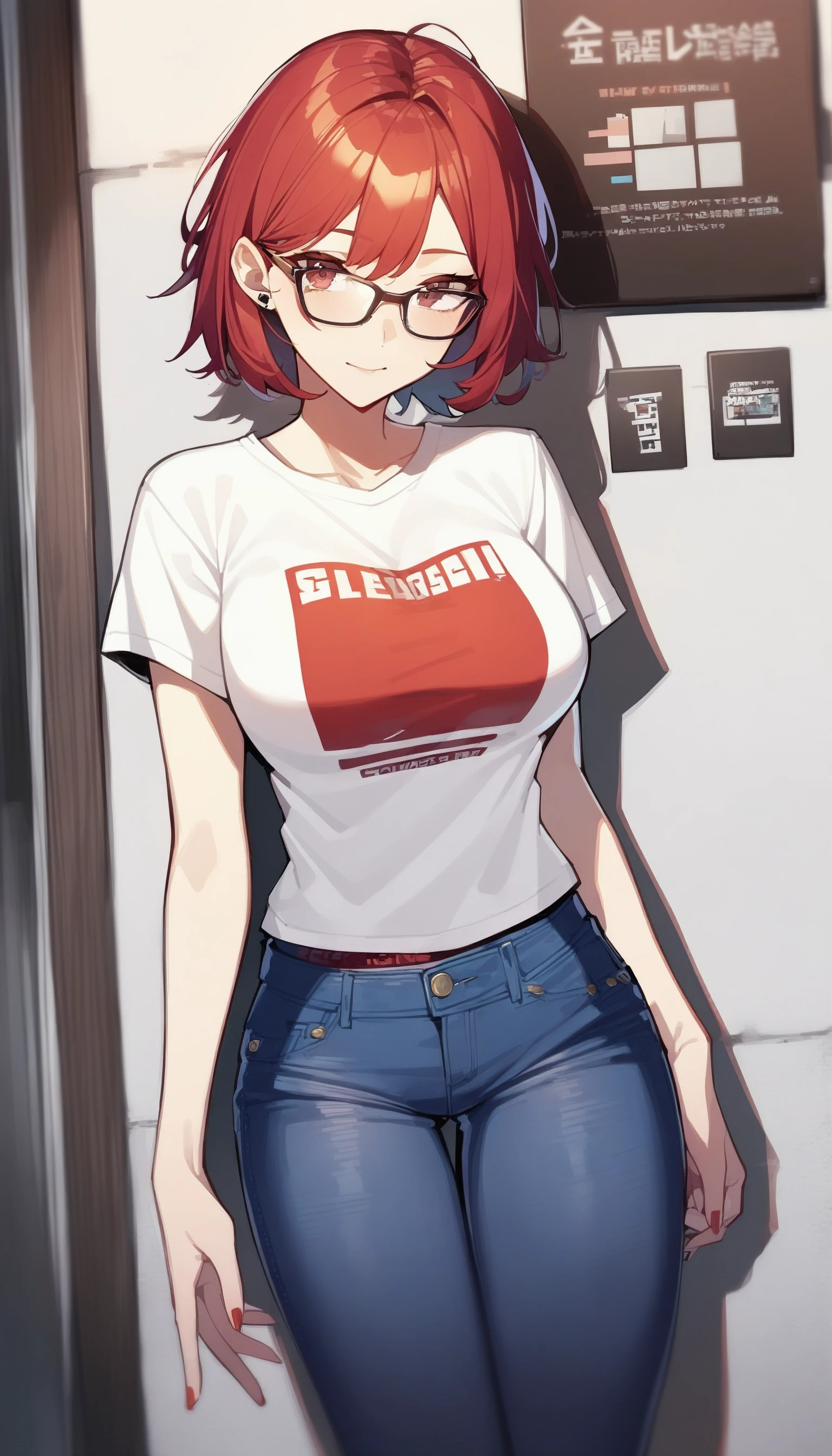 Girl with short black hair, Wearing a red pair of glasses