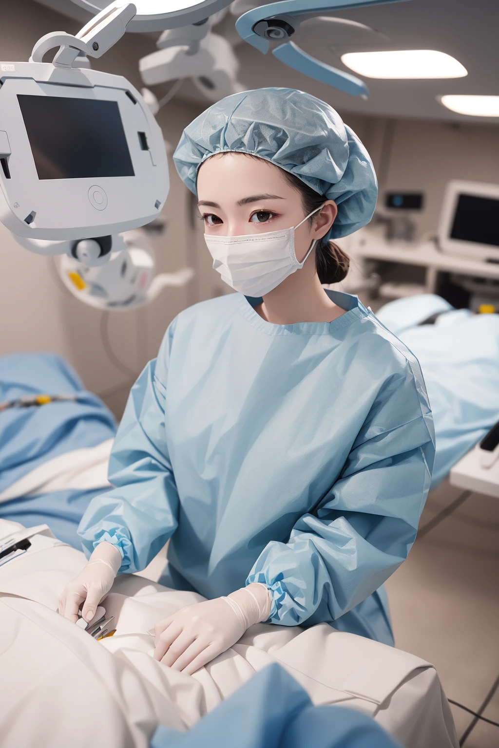 (RAW photo, best quality), 1girl, long sleeve surgical outfit, surgical mask, surgical gloves, surgical cap, operating room, overhead surgical light, dslr, blurred background, focused
<lora:concept_surgery_cap_v2_1:1> surgery_cap