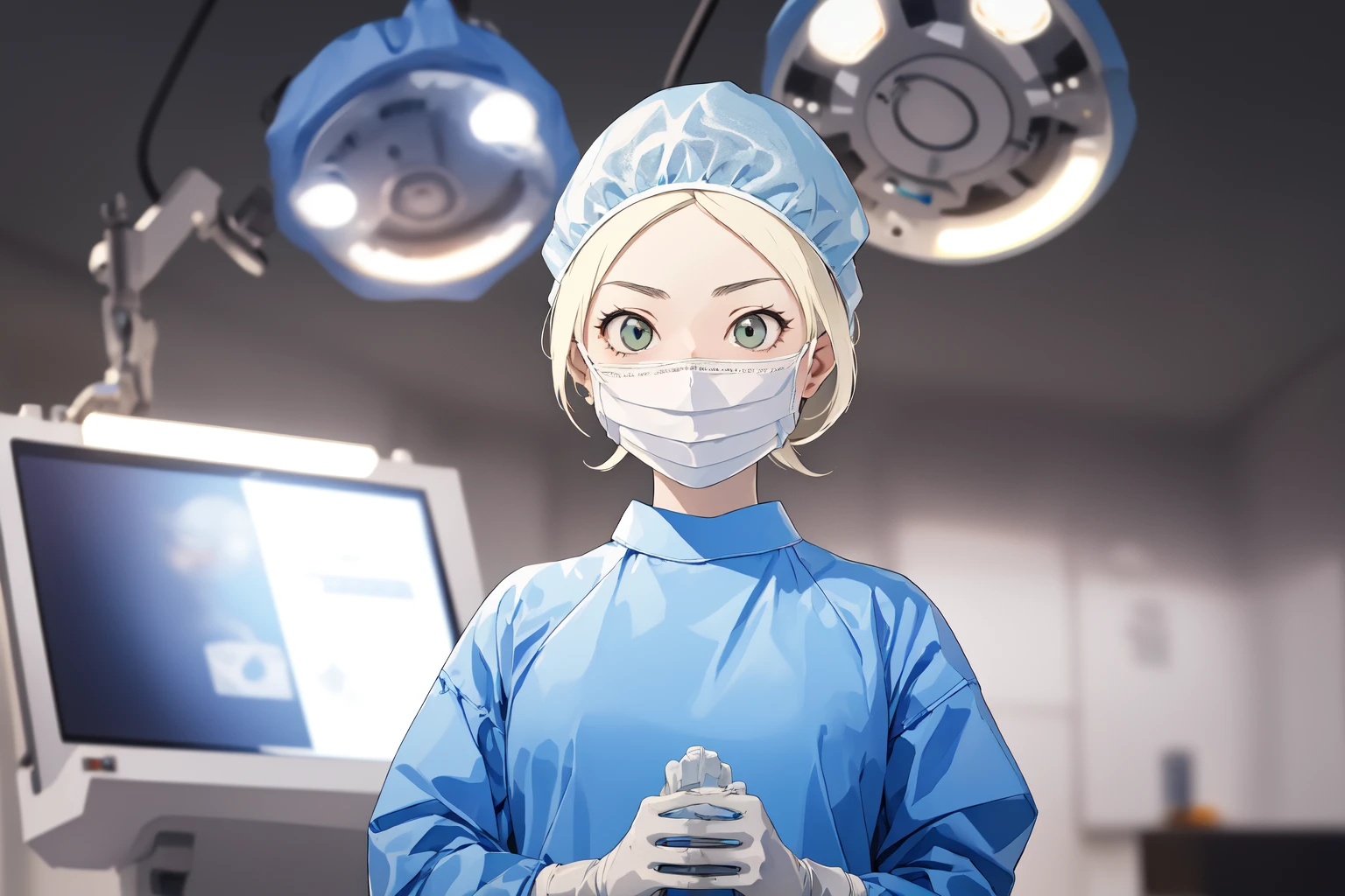 (RAW photo, best quality), 1girl, long sleeve surgical outfit, surgical mask,  surgical gloves, surgical cap,  operating room, overhead surgical light, dslr, blurred background, focused
 <lora:concept_surgery_cap_v2_1:1> surgery_cap,
 <lora:angela_thompson_v1_2:1> angela_thompson