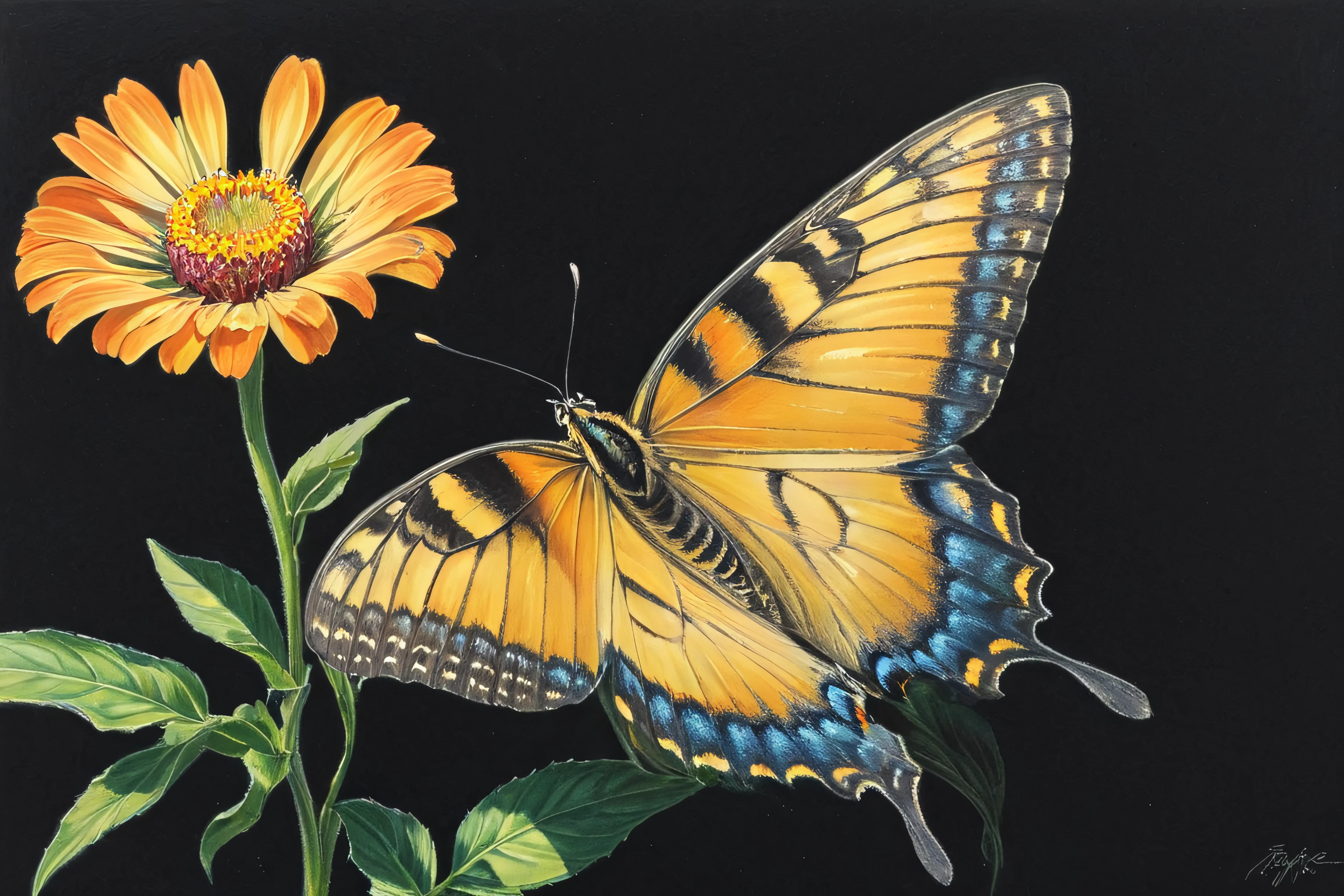 stbutterfly, a butterfly landing on a glowing flower, colored pencil, colored pencil realism, detailed, high quality