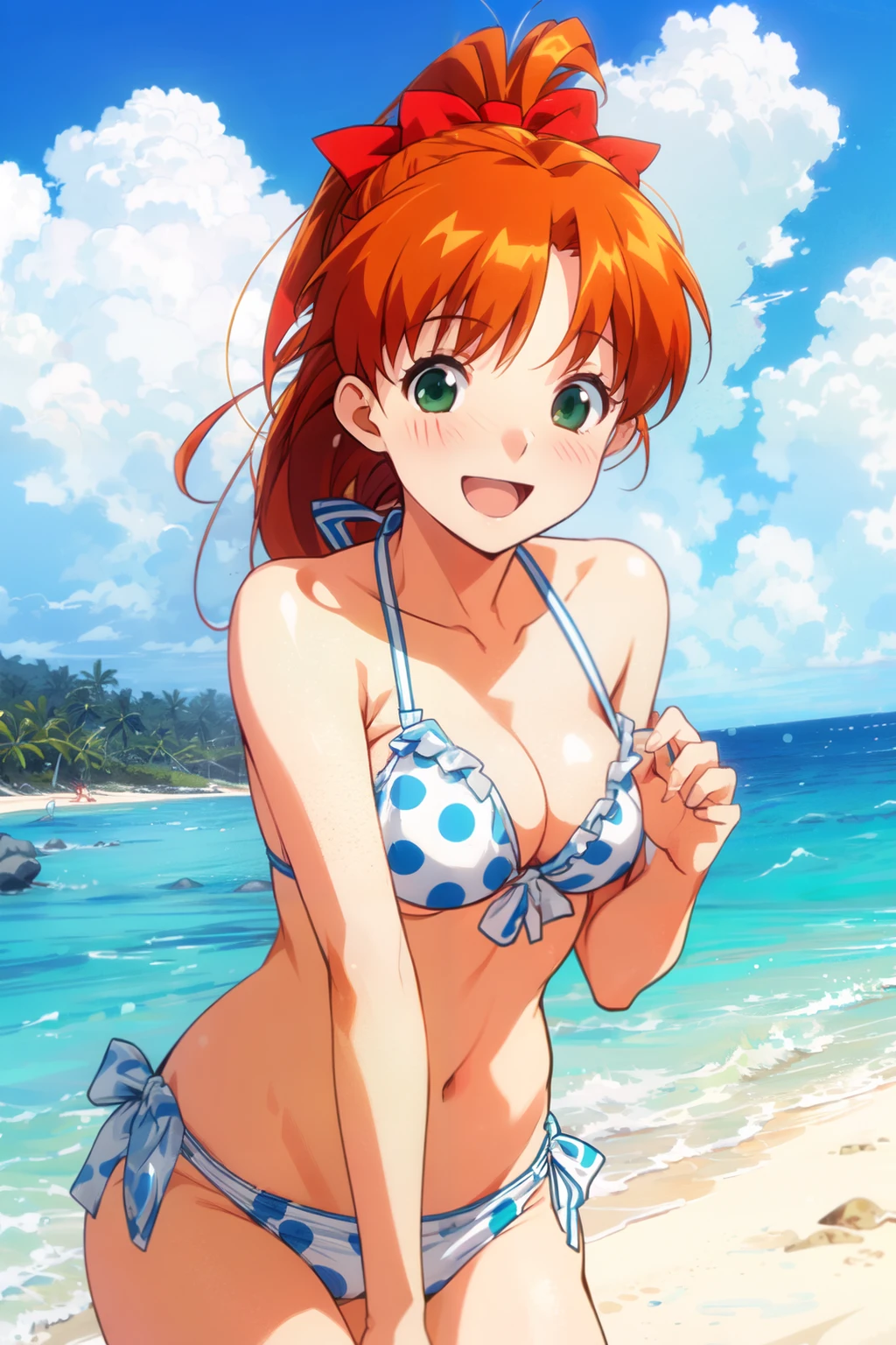  mana, green_eyes, orange_hair, long_hair, high_ponytail, hair_ribbon, red_ribbon,,,, , tropical beach, blue sky, white clouds, white sand, ocean, clear blue sea, , blue ruffle bikini, white polka dot bikini, smile, fun, blush, open mouth, 