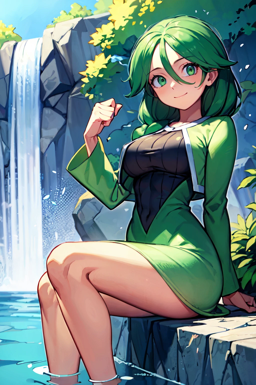 ((masterpiece,best quality)), absurdres,   <lora:Cheryl_Pokemon:0.7>,  cheryl (pokemon), green eyes, single braid, hair over shoulder,  green jacket, long dress,  sitting, water, waterfall, partially submerged,   smile, looking at viewer,   <lora:Bold_CAT:0.5>,