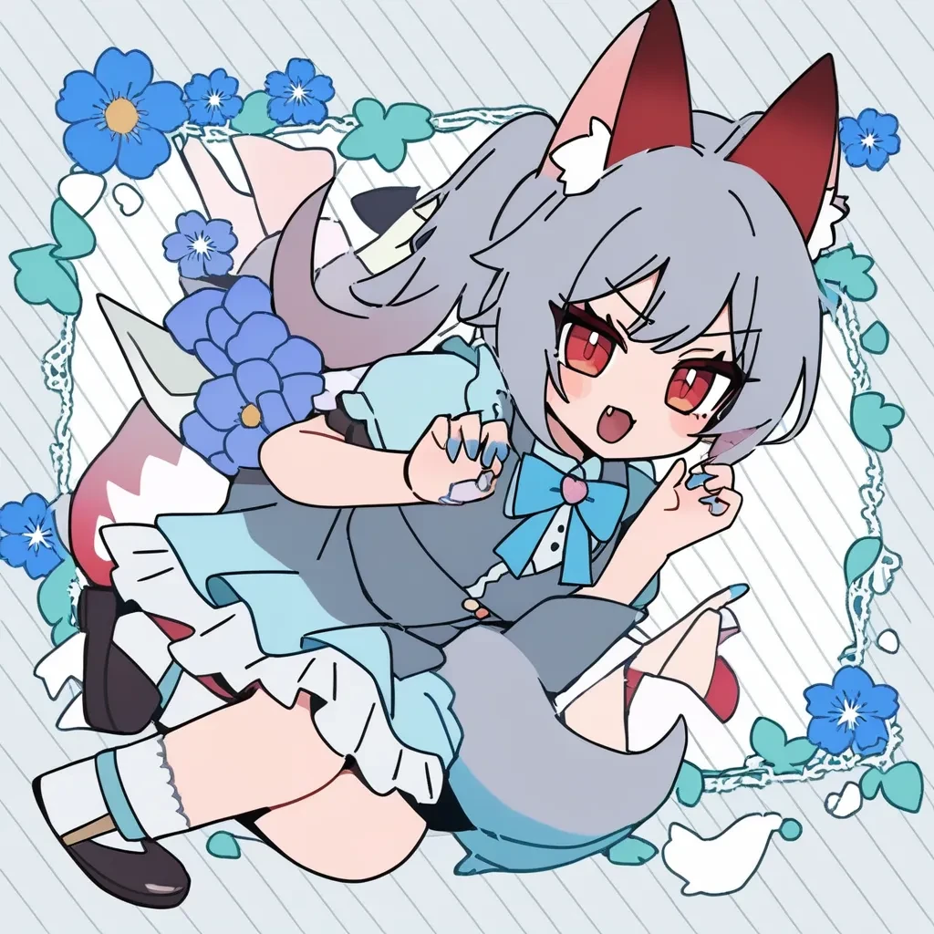 1girl, 
rabbit hole, yumenouchi chiharu, 
sakura
masterpiece, wolf, red eyes, blue nails, flower, smile, striped background, fangs, frilled dress, grey dress, short sleeves, puffy sleeves, looking at viewer, dress, bow, frills, fingernails, puffy short sleeves, striped, grey hair, blue flower, nail polish, blue bow, blush, medium hair, wolf tail, animal ears, tail, sharp fingernails, open mouth, 
newest, absurdres, safe
 <lora:rabbit_hole:1>