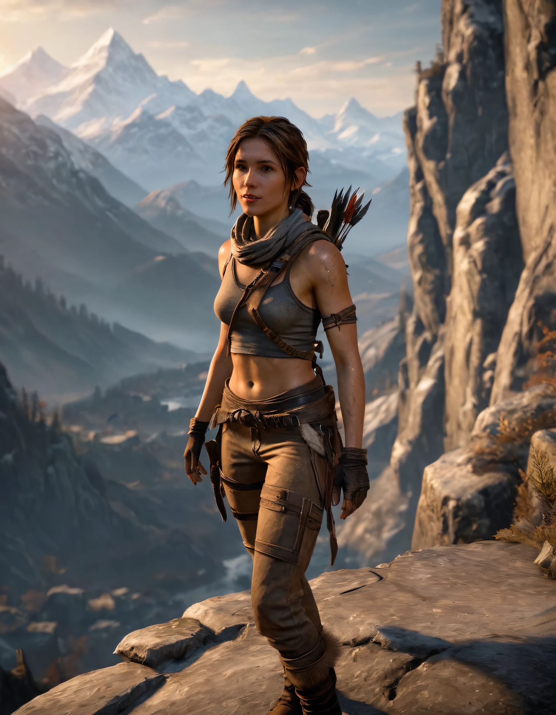 Lara Croft, eyes browns, (best quality, ultra details), (realisitic:1.37), beautiful and detailed face, ultra-realisitic texture, exquisite face, Delicate body, red lipgloss stick, shiny colors. High definition, 8k, serious expression.