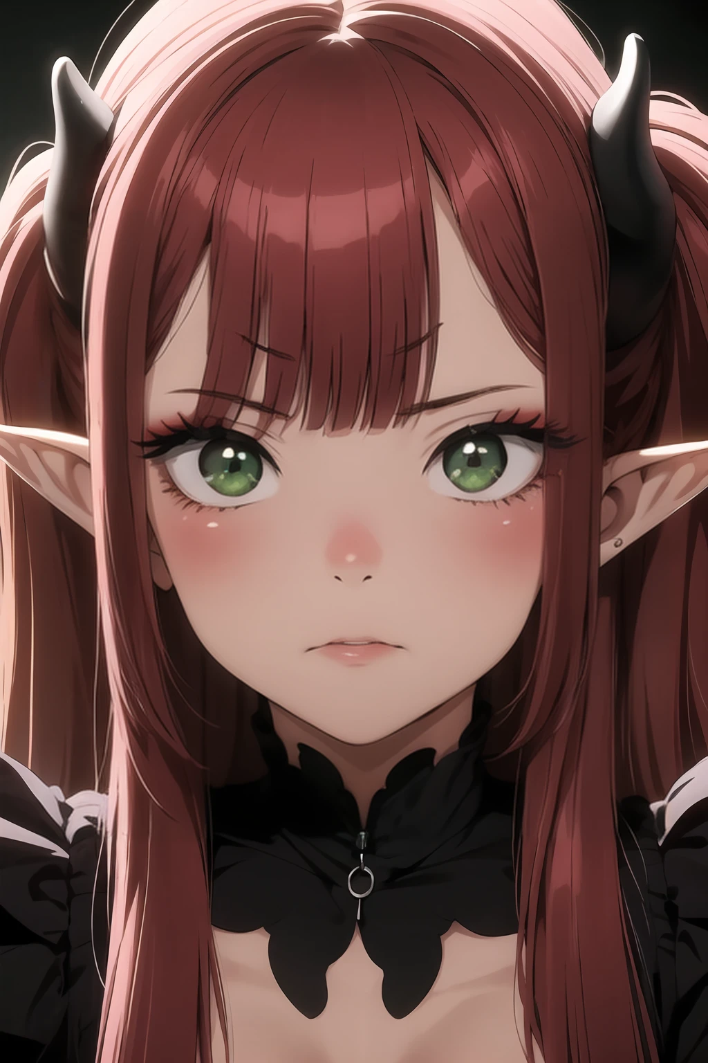 1girl, solo, long hair, blush, angry, bangs, (green eyes), red hair, pointy ears, blunt bangs, close-up, (twintails), (horns), anime girl with long pink hair and green eyes staring at camera, dark atmosphere, black background, <lora:Sono Bisque Doll wa Koi wo Suru - Marin Kitagawa R5:0.8>, (score 9, score 8 up, score 7 up, score 6 up, score 5 up, score 4 up)