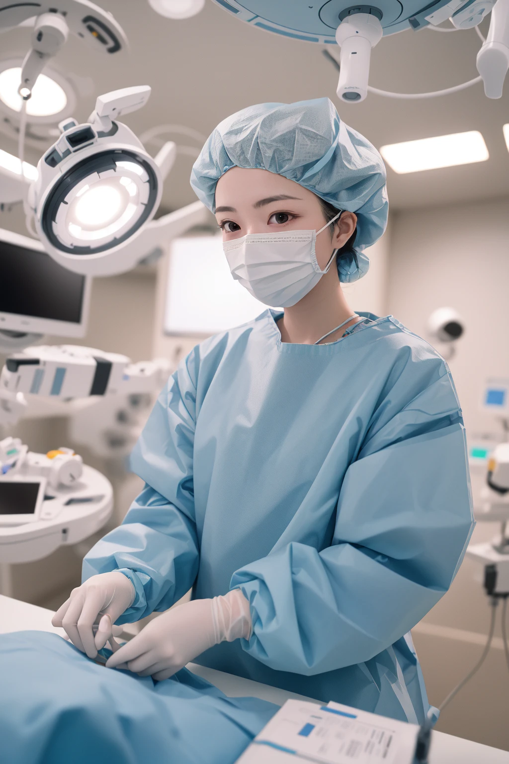 (RAW photo, best quality), 1girl, long sleeve surgical outfit, surgical mask,  surgical gloves, surgical cap,  operating room, overhead surgical light, dslr, blurred background, focused
 <lora:concept_surgery_cap_v2_1:1> surgery_cap