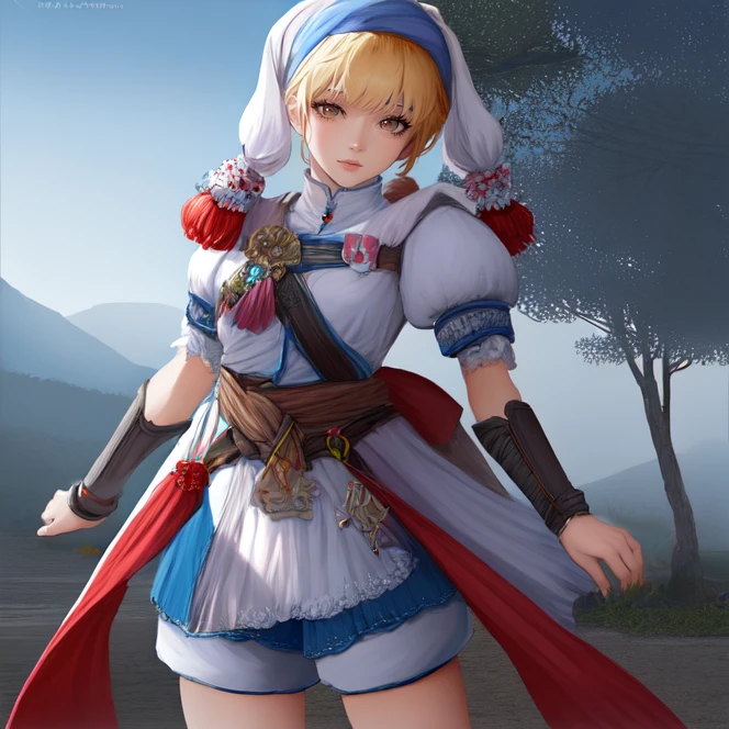 cowboy shot, solo,  <lora:elenaGrandia2:0.9> elena_grandia, blonde hair, jewelry, brown eyes, short hair, earrings, head scarf, white shirt, high collar, puffy sleeves, bracers, short sleeves, knee-length shorts, shorts, blue shorts, red baubles, black sash, pink ribbon, bare shins, highres, Digital art, trending on artstation, best quality, insanely detailed, masterpiece, stunning environment, wide-angle,