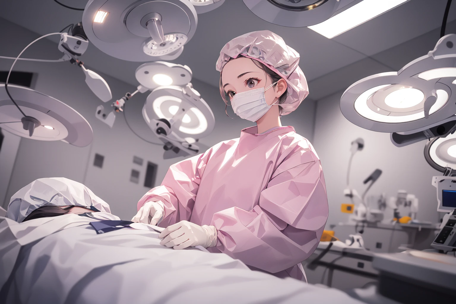 (RAW photo, best quality), 1girl, long sleeve surgical outfit, surgical mask,  surgical gloves, surgical cap,  operating room, overhead surgical light, dslr, blurred background, focused
 <lora:concept_surgery_cap_v2_1:1> surgery_cap