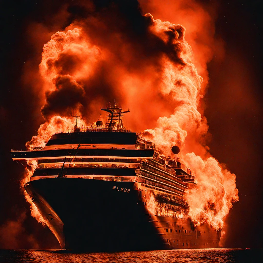 cruise ship silhouette inferno  <lora:inferno:1> all over, black background,at night