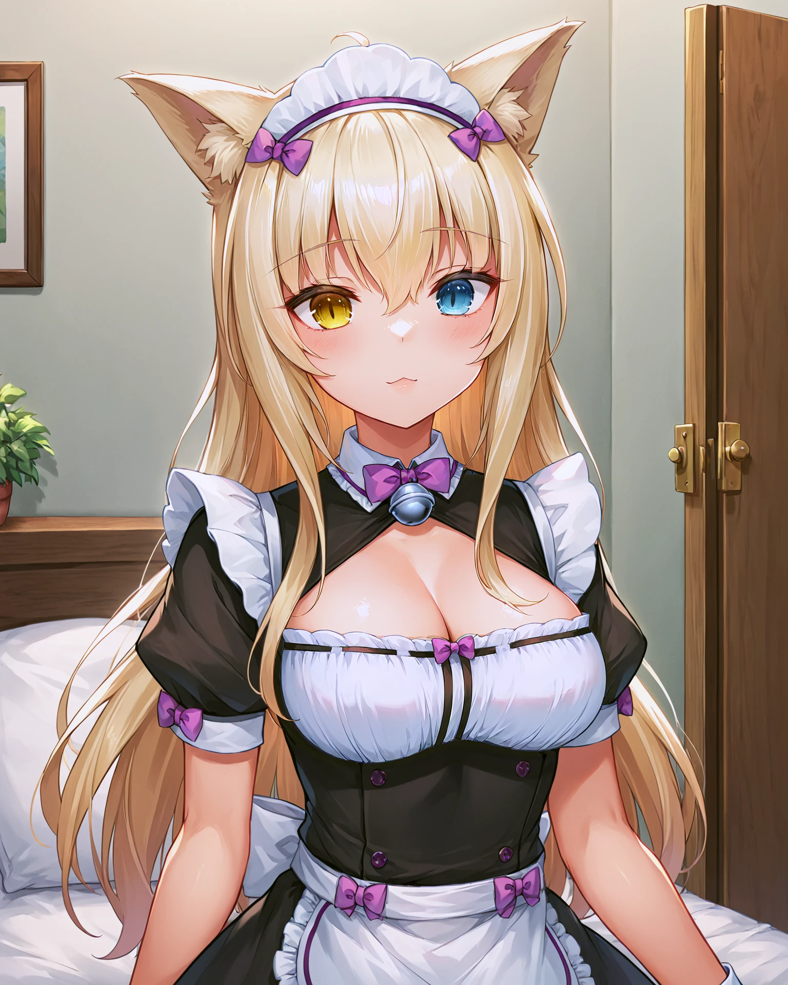 <lora:Neko_Coconut_XL:0.7> coconut, blonde hair, bangs, hair between eyes, ahoge, heterochromia, yellow eye, blue eye, cat girl, cat ears, cat tail, long hair, bow, ribbon, bell, neck bell, hair ribbon, maid headdress, maid, frills, clothing cutout, cleavage cutout, short sleeves, puffy sleeves, wrist cuffs, puffy short sleeves, apron, waist apron, frilled apron, upper body,, <lora:9_Detail_Tweaker_XL:0.8>, score_9, score_8_up, score_7_up, source_anime, masterpiece, best quality, highly detailed background, cinematic lighting, detailed eyes, perfect face,, lazy, teenager room, messy, bedroom, bed sheet, closet,