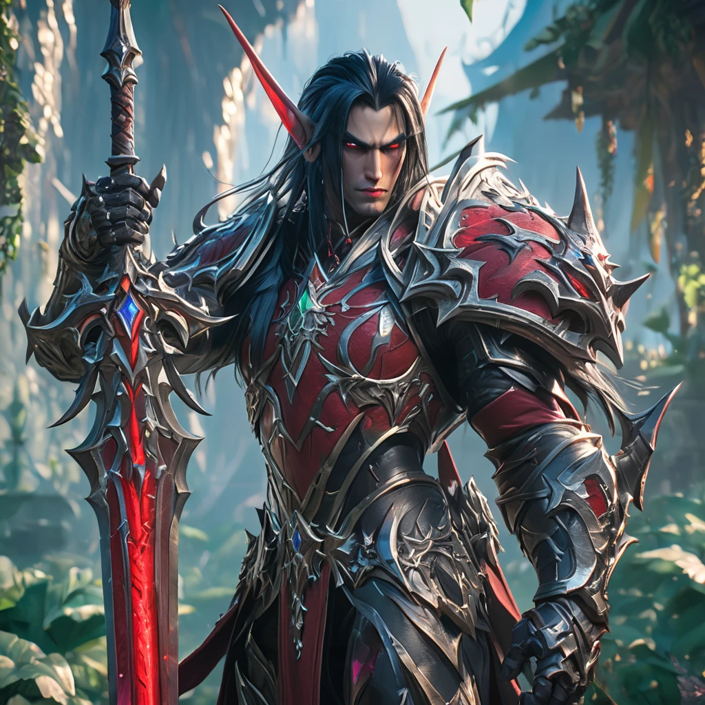 a cinematic shot of a male world of warcraft Night Elf knight, black hair, wearing red armor, holding a red sword infront of him, dungeon cellor in background, hkelf, HD, masterpiece, best quality, hyper detailed, ultra detailed