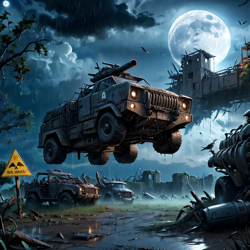 Masterpiece,absurd resolution,8k,high resolution,
StalkerWorld,anomaly,, moon, cloud, sign, sky, scenery, ground vehicle, weapon, bird, motor vehicle, night, tree, rain, gun, ruins,<lora:stalker_XL:0.6>