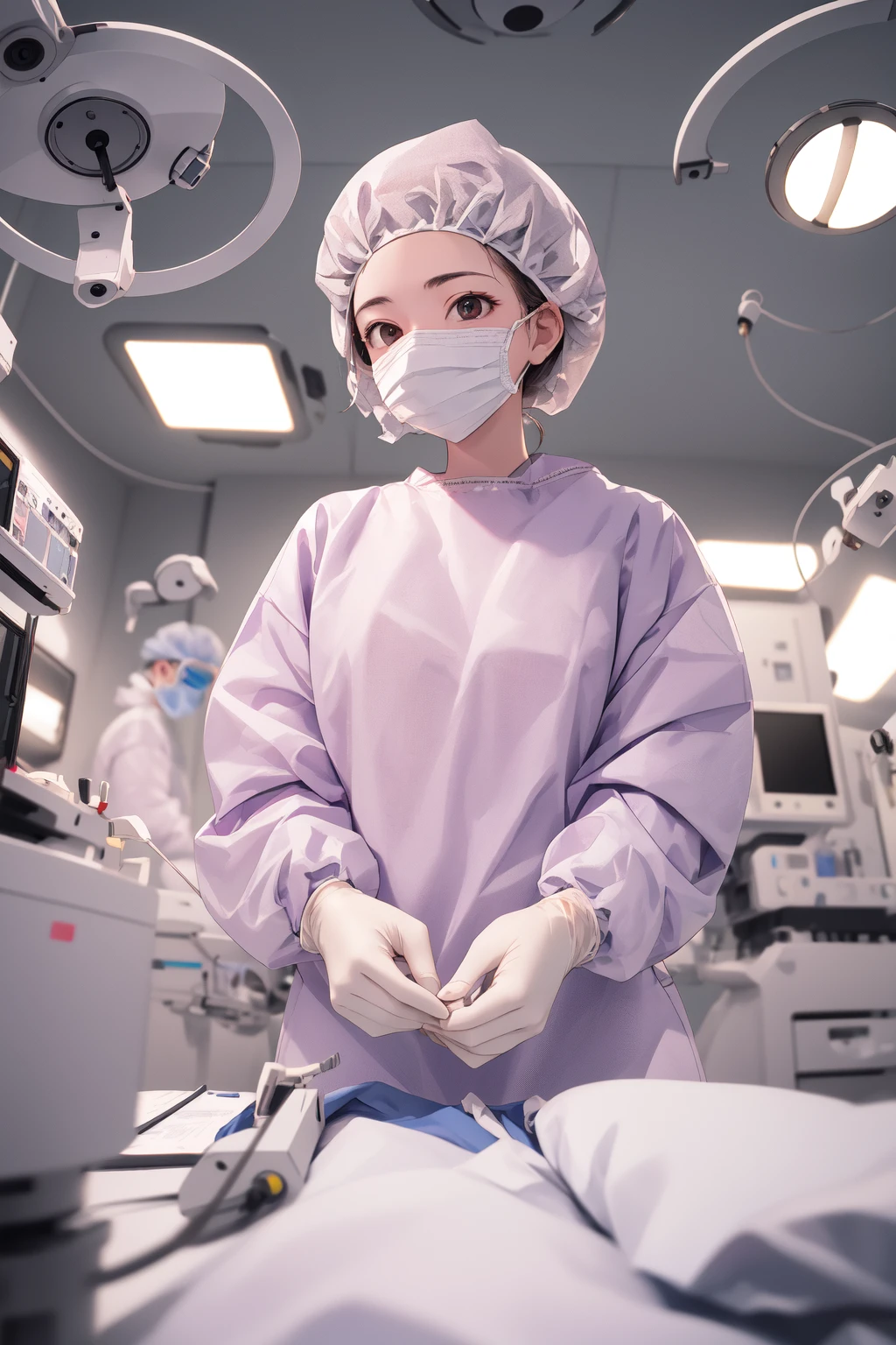 (RAW photo, best quality), 1girl, long sleeve surgical outfit, surgical mask,  surgical gloves, surgical cap,  operating room, overhead surgical light, dslr, blurred background, focused
 <lora:concept_surgery_cap_v2_1:1> surgery_cap