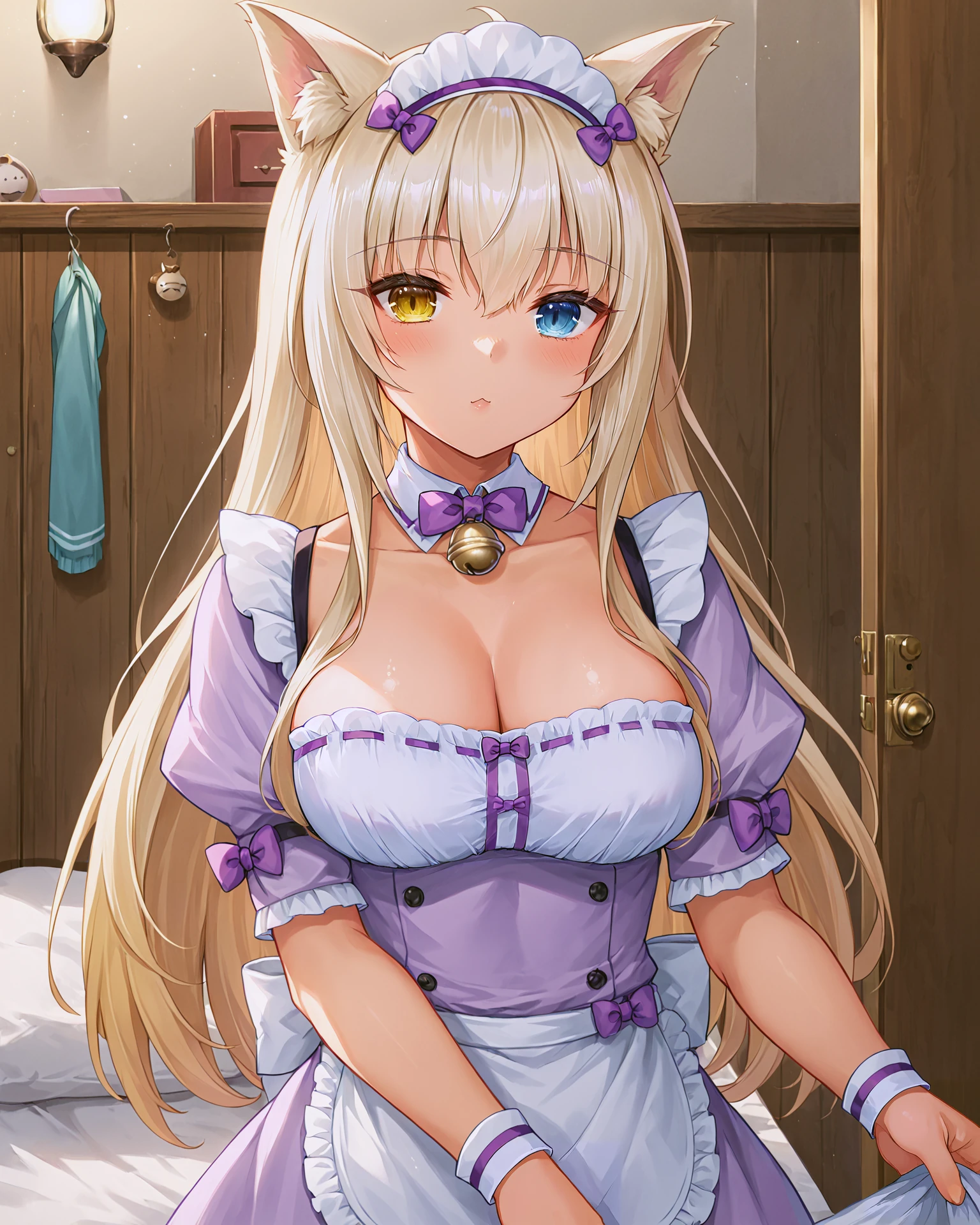 <lora:Neko_Coconut_XL:0.7> coconut, blonde hair, bangs, hair between eyes, ahoge, heterochromia, yellow eye, blue eye, cat girl, cat ears, cat tail, long hair, bow, ribbon, bell, neck bell, hair ribbon, hair ornament, maid headdress, (light purple dress:1.2), frills, cleavage, light purple sleeves, long sleeves, sleeves past wrists, puffy sleeves, wrist cuffs, puffy short sleeves, apron, waist apron, frilled apron, upper body,, <lora:9_Detail_Tweaker_XL:0.8>, score_9, score_8_up, score_7_up, source_anime, masterpiece, best quality, highly detailed background, cinematic lighting, detailed eyes, perfect face,, lazy, teenager room, messy, bedroom, bed sheet, closet,