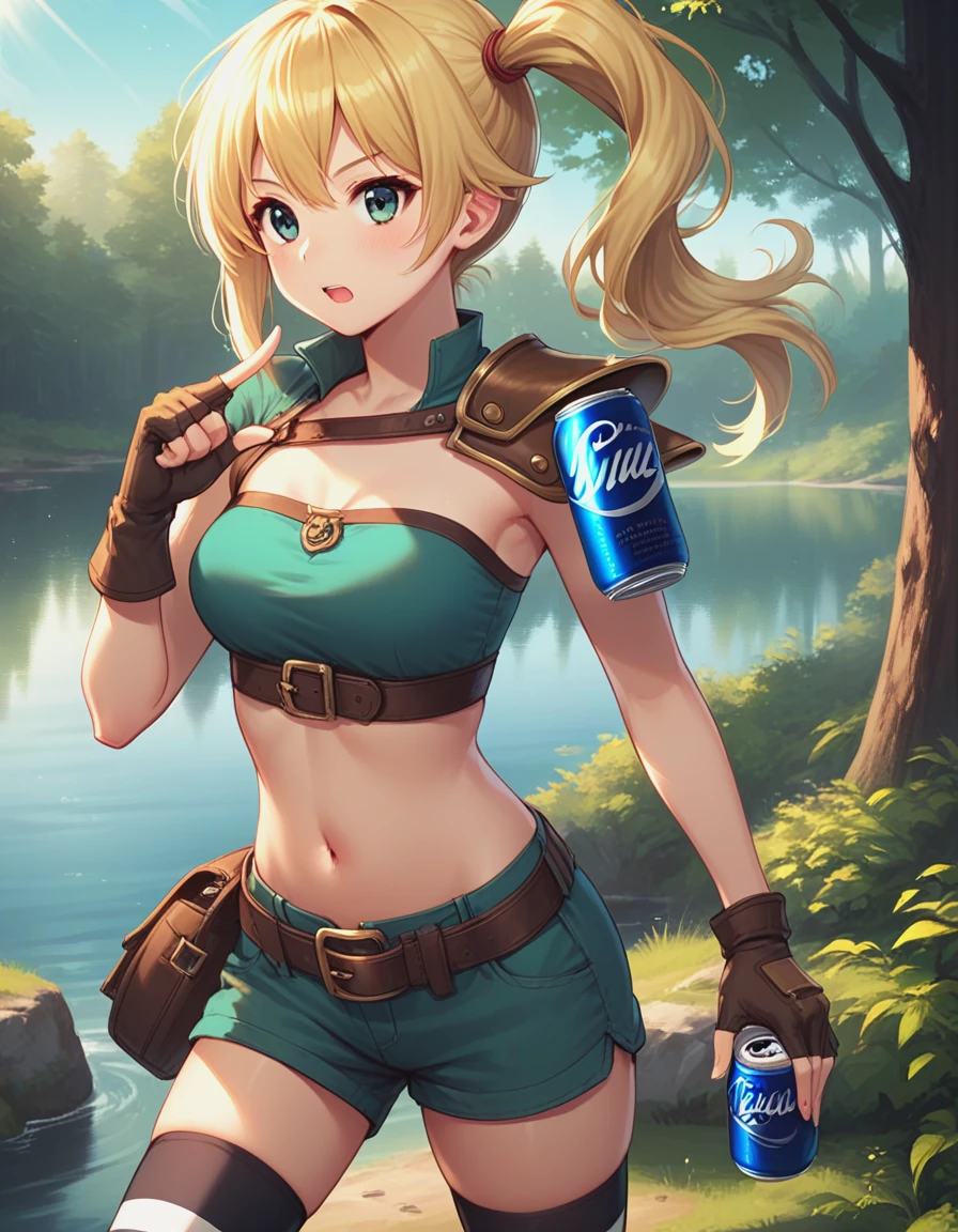 (score_9, score_8_up, score_7_up, score_6_up, score_5_up, score_4_up),1girl,lammis-jihanki,1other,armor,belt_bag,blonde_hair,blue_eyes,boots,can,collared_shirt,crop_top,day,drink_can,fingerless_gloves,forest,gloves,green_eyes,lake,long_hair,midriff,nature,navel,outdoors,pointing,shirt,shorts,shoulder_armor,side_ponytail,single_thighhigh,socks,soda_can,strapless,striped_clothes,striped_socks,sunlight,thighhighs,tree,vending_machine,<lora:lammis-jihanki-xl:1>,