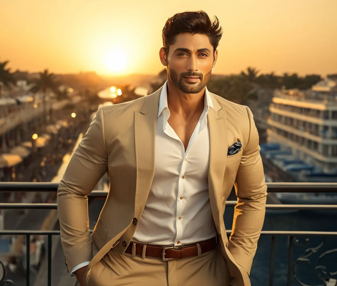 Nautical-themed (Photo:1.3) of (Ultrarealistic:1.3) <lora:Man_Men_FFashion:1> Fabien Frankel a man <lora:Ruslaan-Mumtaz_Fabien-Frankel:1> in a tan suit standing on a balcony, sun behind him, inspired by Pablo Munoz Gomez, shot at golden hour, editorial photograph, midshot of a hunky, by Roman Bezpalkiv, by Artur Tarnowski, maxim sukharev, by Gabor Szikszai,Highly Detailed,(Mono Color:1.3) . Sea, ocean, ships, maritime, beach, marine life, highly detailed