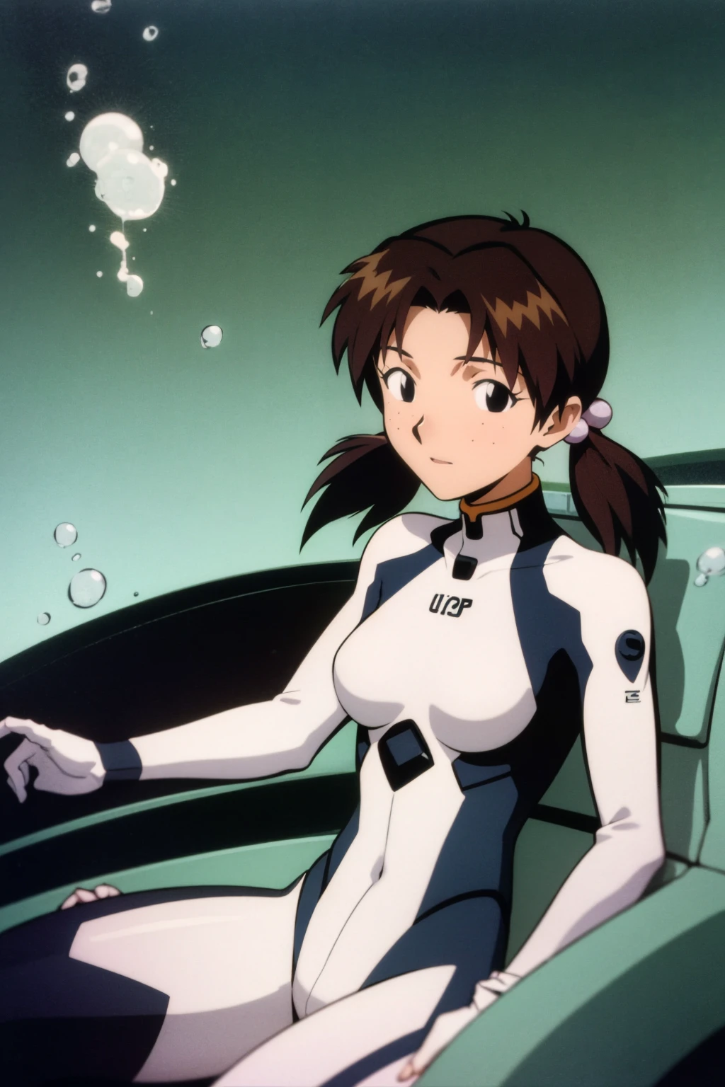 masterpiece, best quality, 1girl, underwater, submerged, deep abyss background, dark blue background,
yellow plugsuit, floating bubbles, pilot seat, sitting in cockpit,
1girl, hikarihoraki, brown hair, twintails, freckles, floating hair, hair bobbles, long hair, black eyes <lora:HikariHoraki:1> <lora:evangelion_anime_style_offset:0.4>