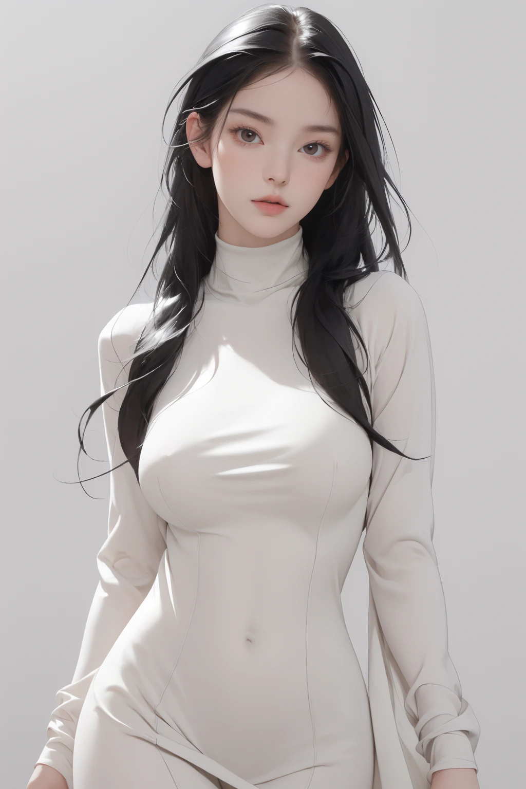 (best quality), 1girl, female, pale skin, (black hair), long hair, straight hair, grey eyes, perfect eyes, slender, tall, turtleneck sweater, stylish, elegant, serious, normal bust, masterpiece, anatomically correct, highres