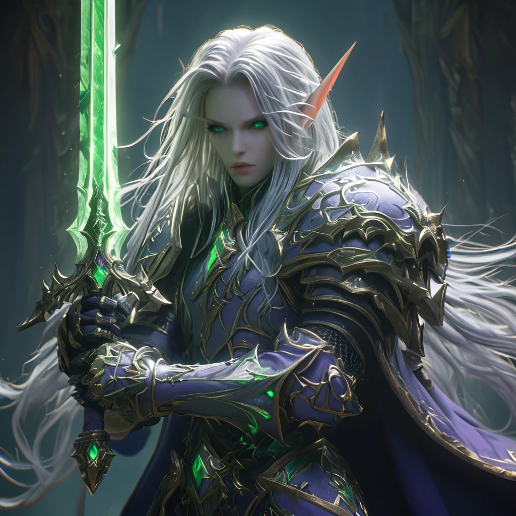 a cinematic shot of a female world of warcraft Night Elf knight, white beautiful hair, wearing white armor, holding a green magical sword, hkelf, heaven in background, hkstyle, HD, masterpiece, best quality, hyper detailed, ultra detailed