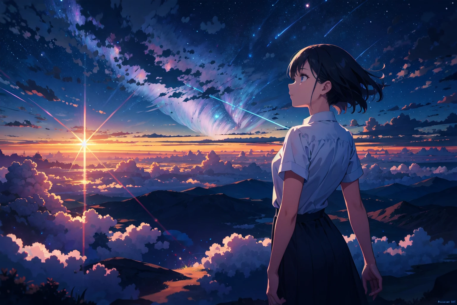 close view,
1girl, shining sky, vast world, gazing, awe-inspiring expression, distant horizon, clouds, high hill, natural beauty, inspiration, night sky, Shining Stars,