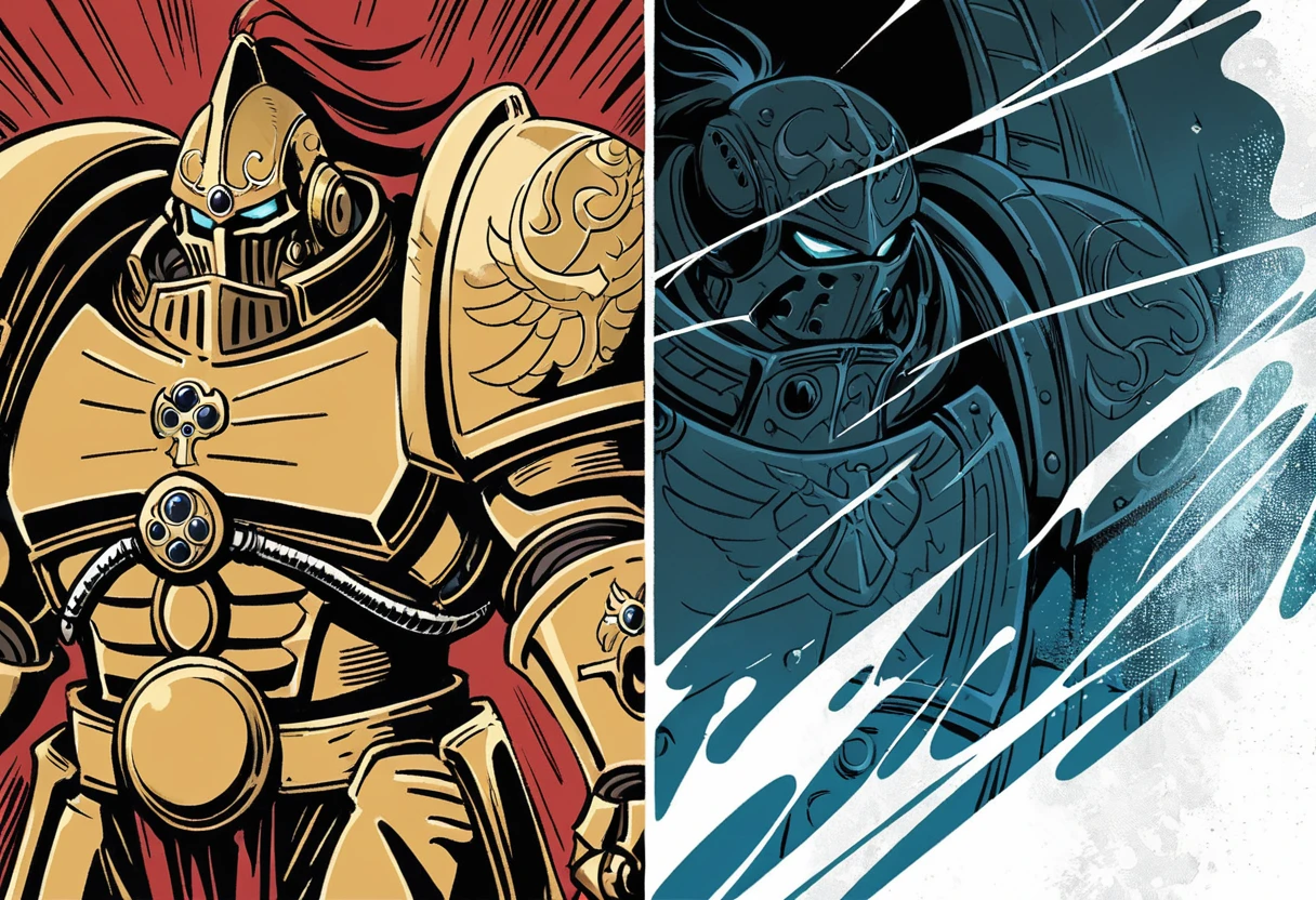 (digital illustration), Adeptus Custode, golden power armor, upper body, portrait, dynamic composition, centered, comic book \(style\), bold lines, dramatic shading, [[splash page]], line art, extremely detailed, dramatic, warhammer 40k
 <lora:custodians-08:1>