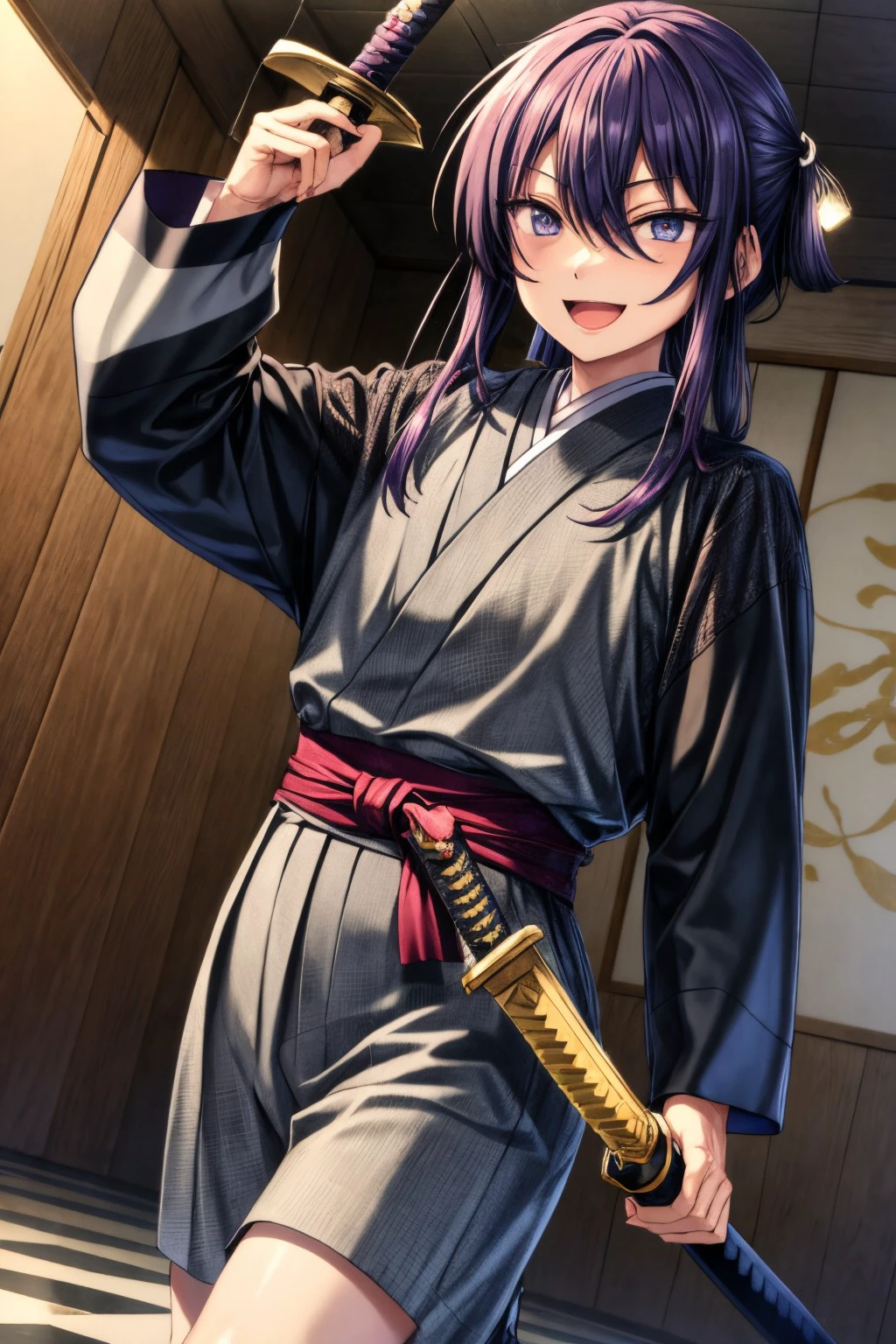 (masterpiece), best quality, expressive eyes, perfect face, souma_k, smile, open mouth, weapon, japanese clothes,  sword, katana, checkered floor, <lora:more_details:0.7>, <lora:GoodHands-beta2:0.7>, <lora:57b464ab-0556-4993-8fd2-c1f58c46a3dd:0.7>