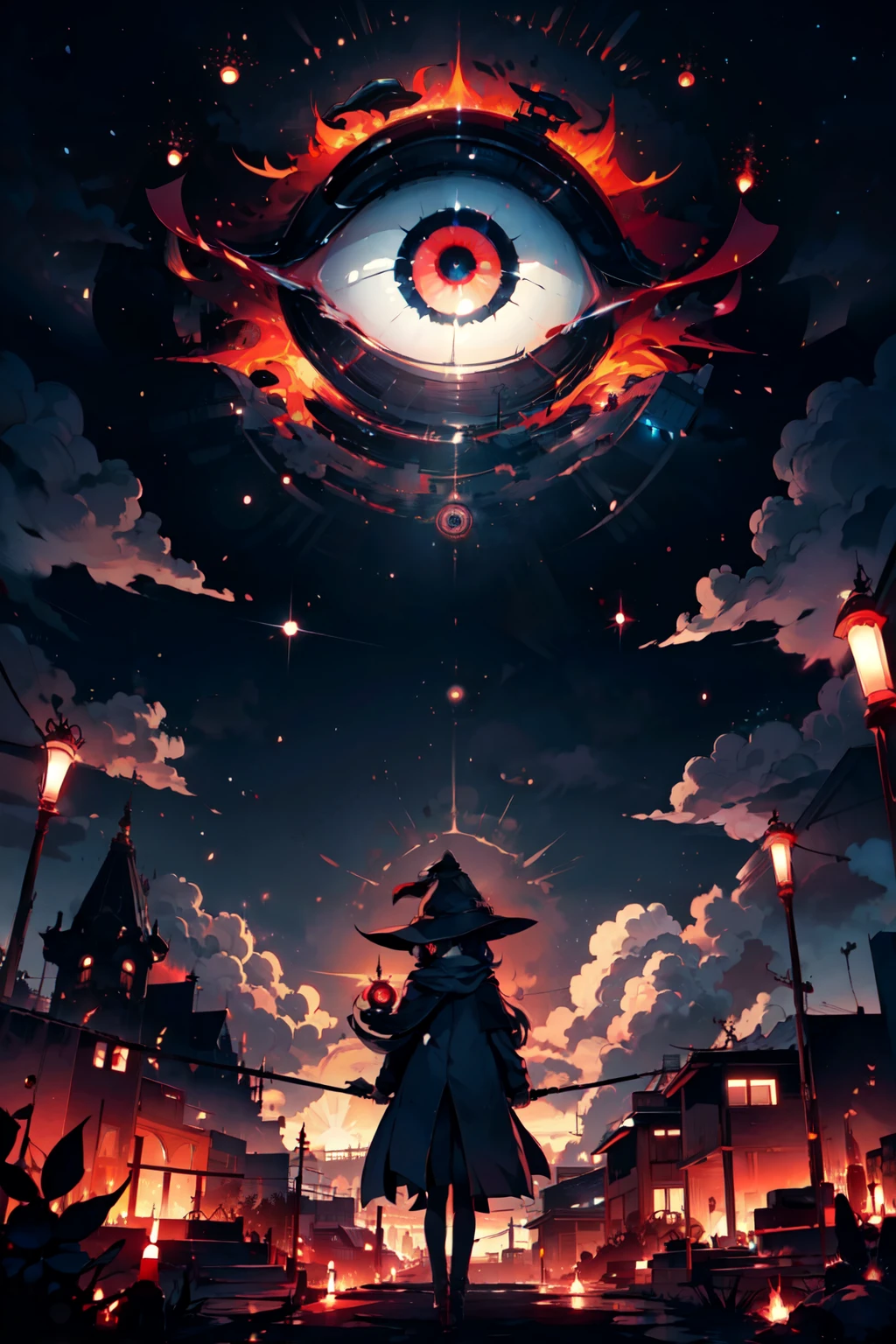 ((masterpiece,best quality)), absurdres, <lora:Occult_Oculi_Magic:0.8>,  OccultOculi red eyes, outdoors, sky, cloud, night, building, star (sky), night sky, scenery, starry sky, city, 1girl, witch hat, mage, staff, looking at viewer, dark, lamppost,