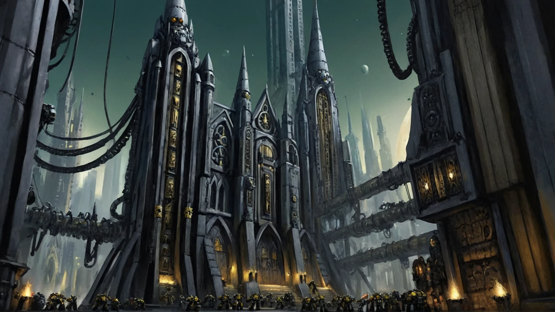 <lora:Wolvie_Style_wh40k10m_v1.0:1>, wh40k10m, Imperium of Man location, background, ((Warhammer 40k)), Warhammer 40000 style, Warhammer 40k architecture, Warhammer 40k aesthetics, forge world city, cities on forge worlds are a testament to industrial prowess, characterized by towering spires sprawling complexes of metal machinery. buildings constructed from advanced materials, gleaming with sheen plasteel ceramite. gothic influences intertwine with futuristic designs, creating unique aesthetic that reflects both tradition innovation. industrial, futuristic, metallic, technological, gothic, utilitarian, advanced, mechanical, stark, gleaming, gritty, imposing, symbolic, monumental, resilient.,
amplify, intensify, strengthen, heighten, augment, boost, enrich, enhance, expand, magnify, illuminate, transmute, resonate, empower, transfigure, harmonize, envision, radiate, transcend, high quality, intricate, smooth, realistic,