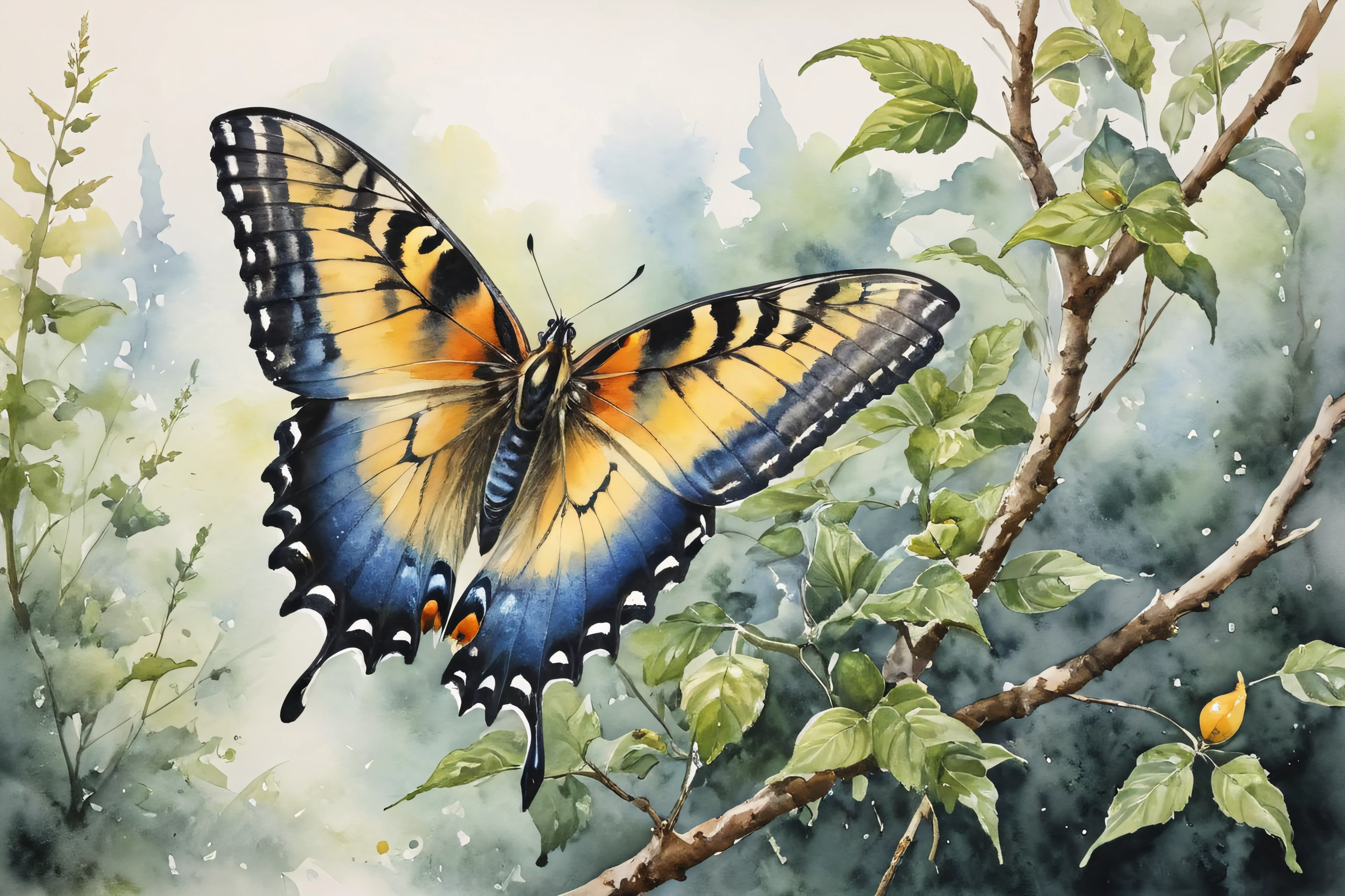 stbutterfly, a butterfly landing on a tree, watercolor painting, watercolor realism, detailed, high quality