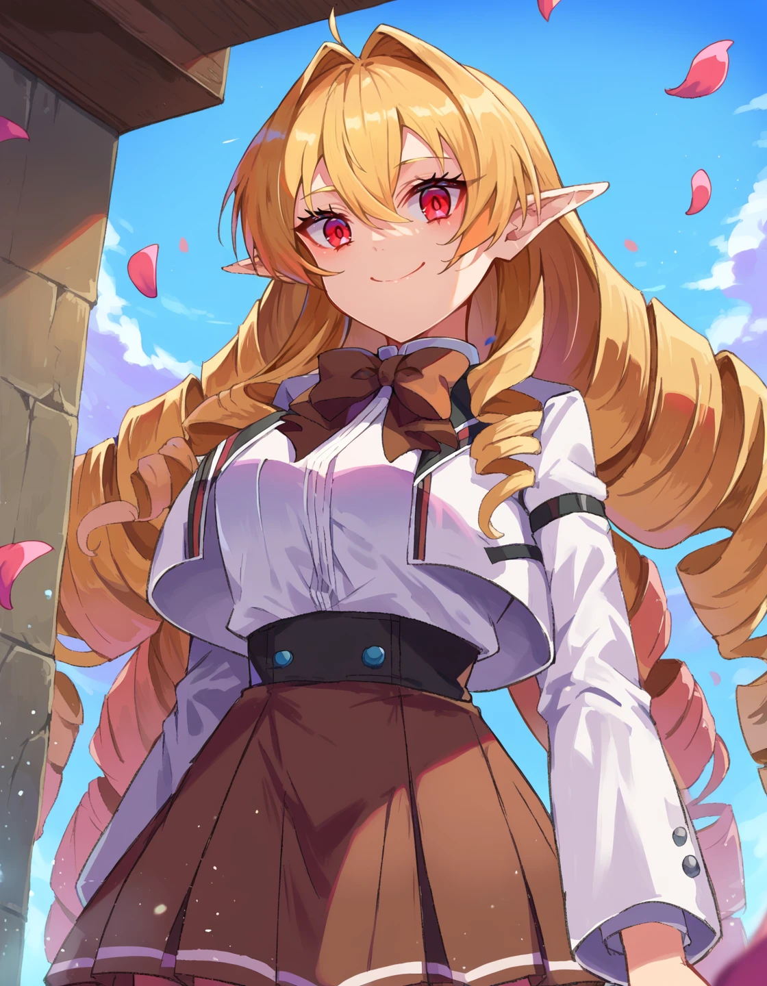 score_9, score_8_up, score_7_up, score_6_up, score_5_up, score_4_up, source anime, BREAK
<lora:mushoku_multiple:0.9> mushoku tensei, elinalise dragonroad, 1girl, ahoge, blonde hair, blue sky, bow, bowtie, box, brown bow, brown bowtie, brown skirt, closed mouth, cumulonimbus cloud, day, drill hair, floating hair, hair between eyes, hair intakes, looking at viewer, miniskirt, outdoors, petals, pleated skirt, pointy ears, red eyes, smile, solo, standing, underbust, very long hair, white jacket, white shirt, absurdres,
upper body, from below