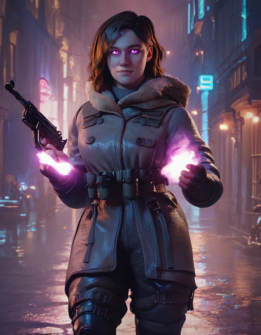 score_9, score_8_up, score_7_up, high res,  8k, 1 girl,((medium bodyshot)), highly detailed, 1girl,<lora:Sammaxis-50:1>   sammaxis, glowing purple eyes, in a streets of Berlin at night during the cold war, wearing military gear, (holding a gun), looking at the viewer, short wavy brown hair