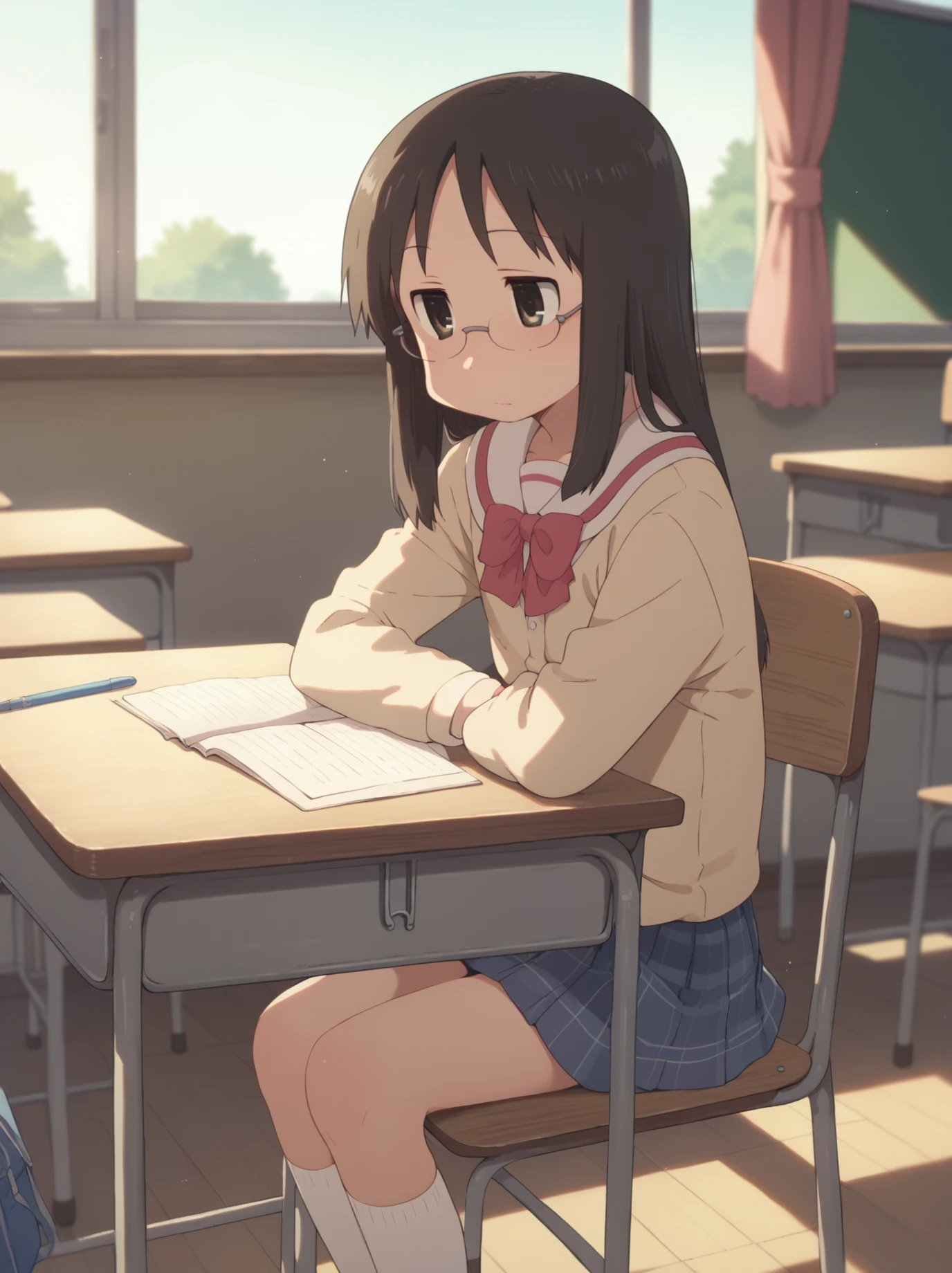 <lora:MinakamiMaiPony:1>, minakamimai, 1girl, sitting, classroom, score_9, score_8_up, score_7_up