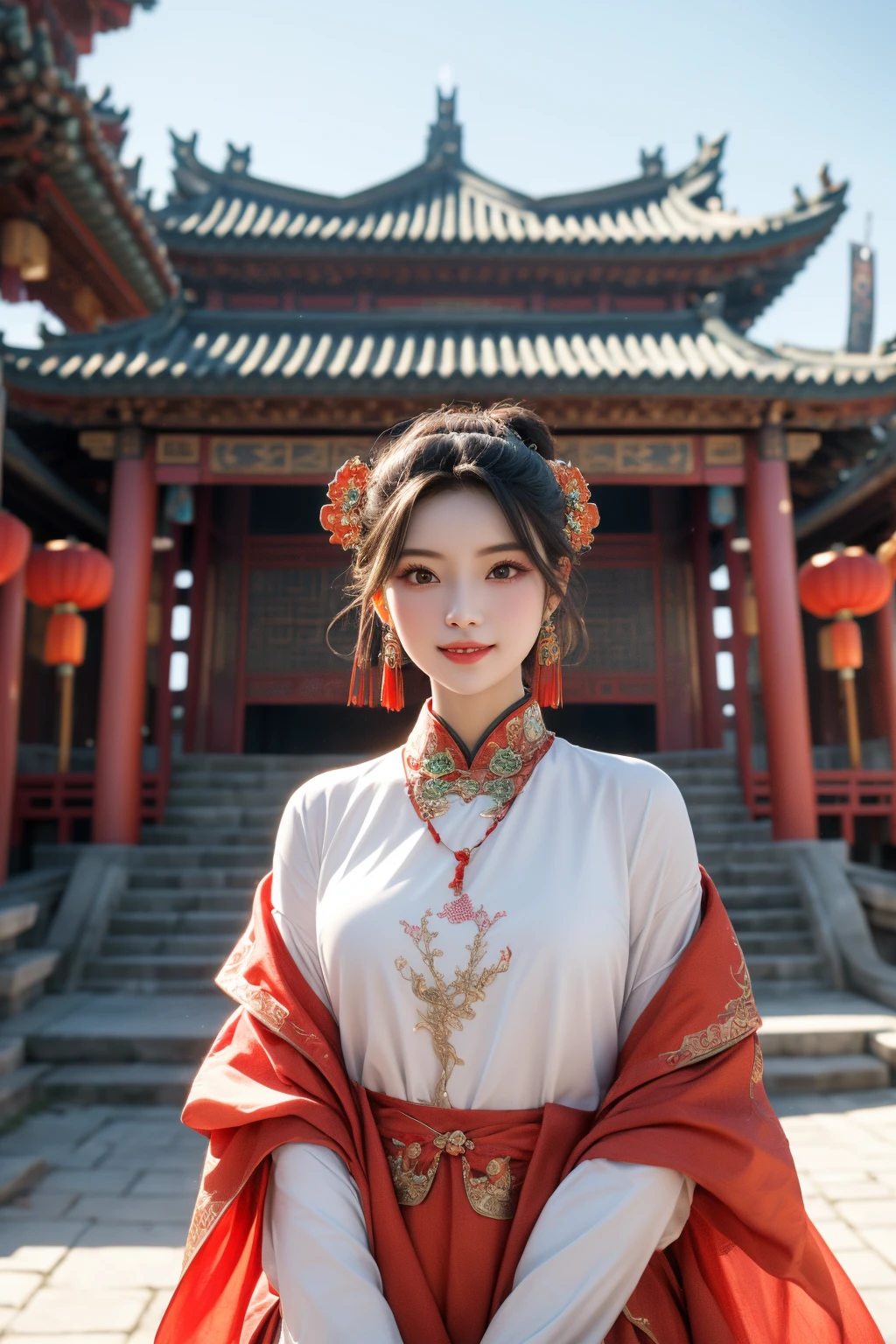 best quality, masterpiece, highres, 1girl,china dress,Beautiful face, hair ornament, solo,looking at viewer,smile,closed mouth,lips, dress,hair ornament, necklace, jewelry, long hair, earrings, chinese clothes, architecture,east asian architecture ,front view,kind smile,full_body,