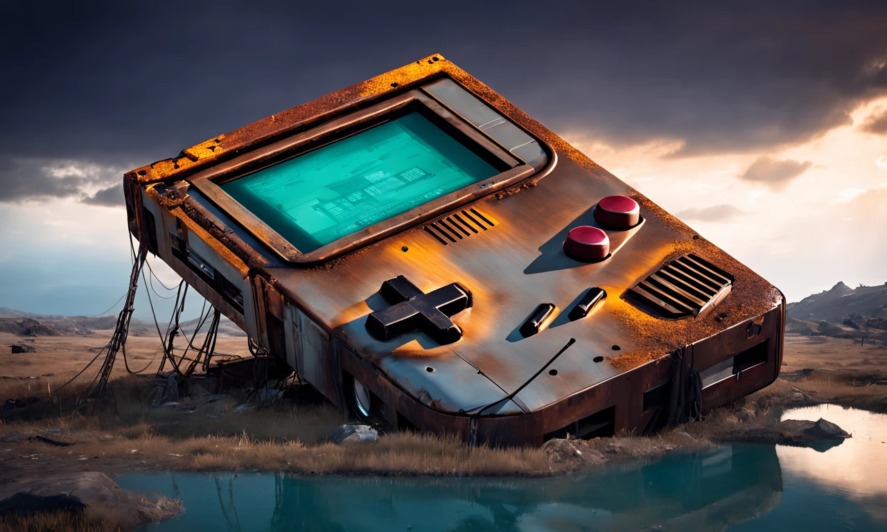 a giant Gameboy structure lying in landscape, monolith, worshipped, rusted steel, best quality, landscape, nature, masterpiece, intricate, highly detailed,  cinematic lights, <lora:abslandsdxl:0.9>, abslandsdxl