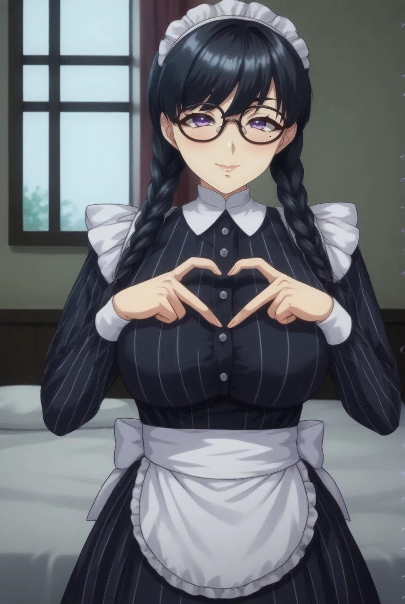 score_9, score_8_up, source_anime  BREAK solo, cowboy shot, looking at viewer, anime coloring,
 <lora:RenTakaharaPdxlDwnsty:1>, ren takahara, purple eyes, black hair, twin braids, mole, black-framed eyewear, maid headdress, maid, black dress, black shirt, striped dress, vertical-striped dress, frilled skirt, underbust, heart fingers, heart hands, <lora:Heart_Fingers__Concept_Lora-000007:1>,
large breasts, curvy, naughty face, smile, lips, 
indoors, bed, bedroom, window,