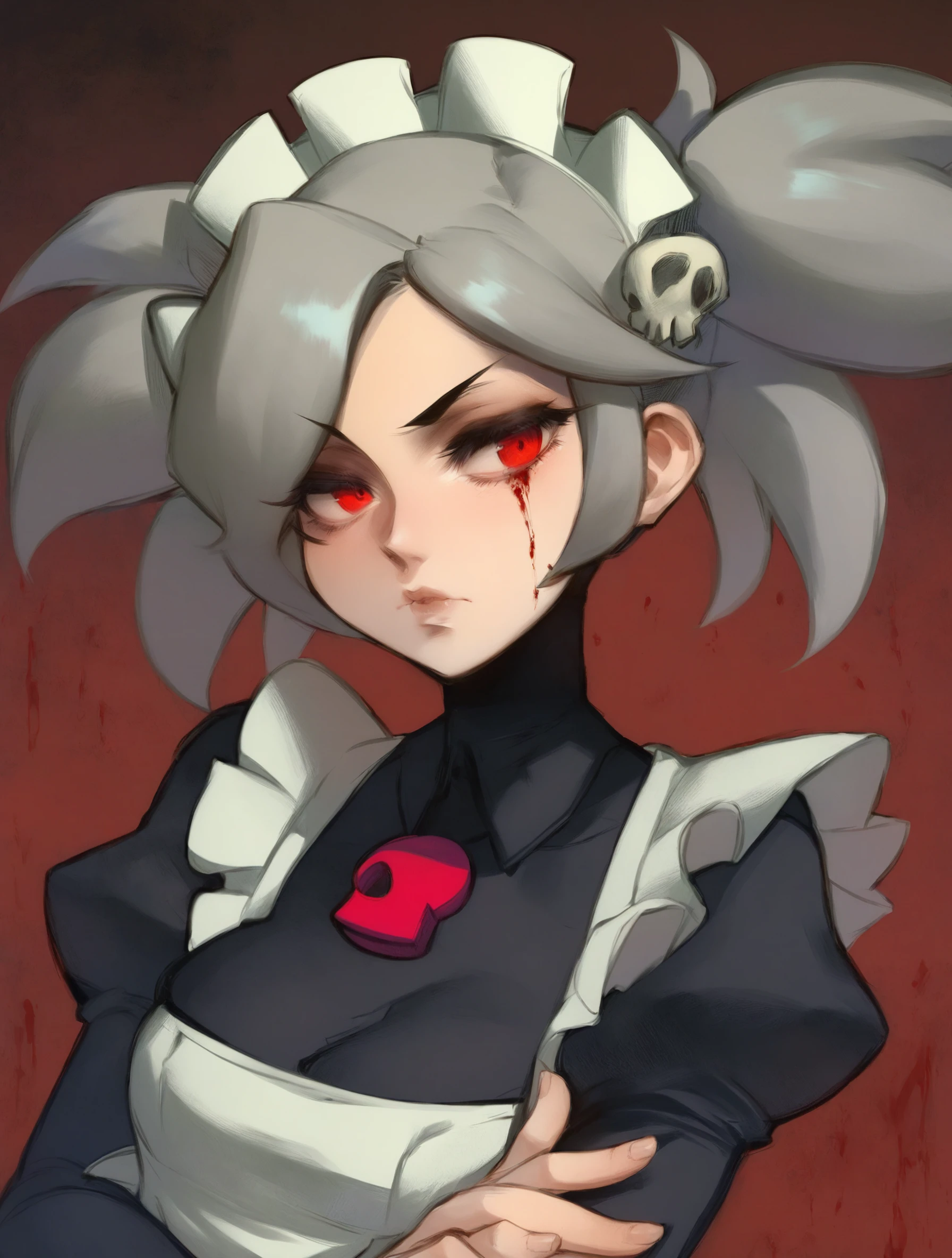 score_9, score_8_up, score_7_up, ntl_style BREAK
bloody marie \(skullgirls\), 1girl, solo, crossed arms, eyelashes, frilled apron, grey hair, jewelry, juliet sleeves, long sleeves, maid headdress, eyelashes, puffy sleeves, red eyes, skull hair ornament, twintails, medium hair, upper body, skullgirls
<lora:ntl_pdxl:1>