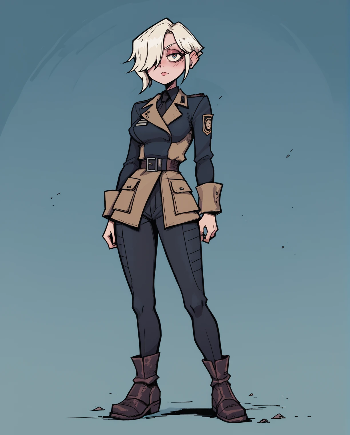 score_9, score_8_up, score_7_up, source_anime BREAK (1girl),valbun,hair over one eye, white hair, full body, detailed eyes, enclaveuni,wearing uniform, pants, <lora:Fallout_-_Enclave_Officer_Uniform:0.7> , wasteland <lora:Valbun:1>
