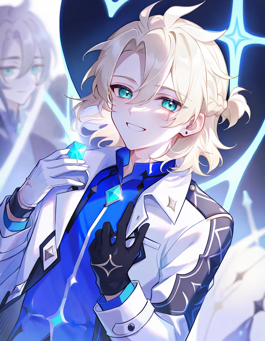 1boy,solo,male focus, smile,albedo,blonde hair,hair between eyes,aqua eyes,shirt,blue shirt,coat,white coat,scar on neck,gloves,black gloves