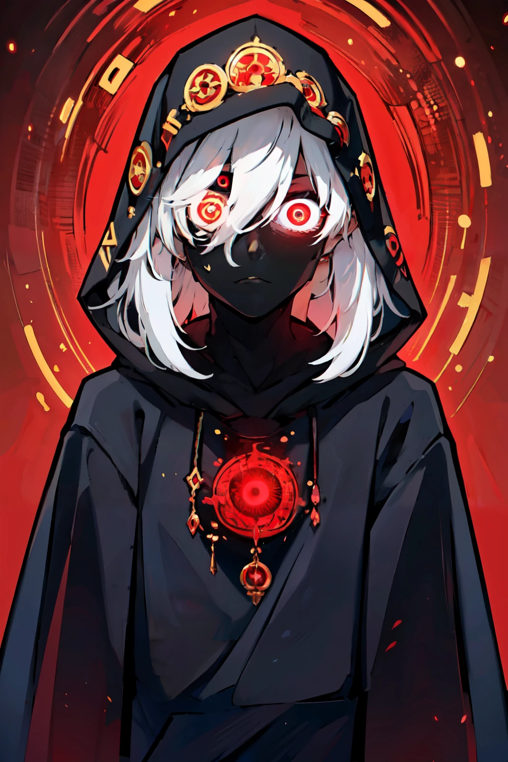 ((masterpiece,best quality)), absurdres, <lora:Occult_Oculi_Magic:0.8>,  OccultOculi, solo, looking at viewer, red eyes, 1boy, hair between eyes, upper body, white hair, male focus, hood, red background, hood up, @_@, red theme