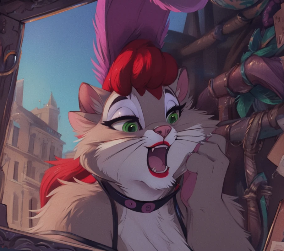 , female, miss kitty, collar, green eyes, red hair, lipstick, feather headwear, half-closed eyes, hand on chin, looking away, open mouth, by bose,by elysianelly  <lora:MIssKitty-02-Polyfur-e040:1>