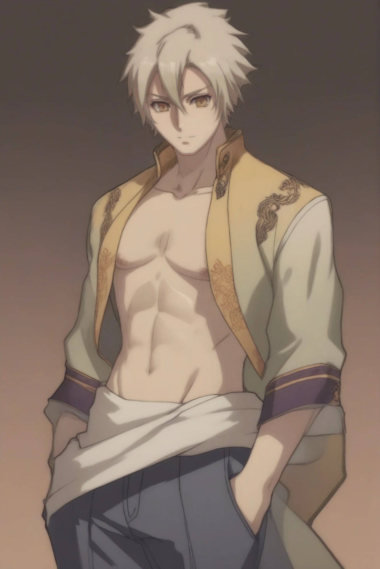 anime style digital painting, full body, (full body:1.2), 1boy, man, bishounen, solo, [:outlandish costume design,:0.2] mystic, (dark skin:1.3), muted ivory hair, (slim:1) build<lora:EnvyStarlightHyakkaRyouranStyle01:1>