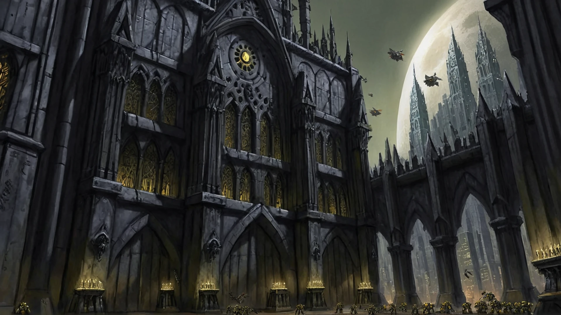 <lora:Wolvie_Style_wh40k10m_v1.0:1>, wh40k10m, Imperium of Man location, background, ((Warhammer 40k)), Warhammer 40000 style, Warhammer 40k architecture, Warhammer 40k aesthetics, Hive city, heavily fortified to protect against external threats, such as enemy invasions or rebellions. Massive walls, gun emplacements, defensive structures surround the city, while internal checkpoints security measures maintain order within. Gothic aesthetic, large buildings of metal or stone, intricate carvings, gargoyles, flying buttresses, ornate details, grand imposing appearance. Grimy, Dilapidated, Crowded, Gritty, Dystopian, Decaying, Vertical, Chaotic, Overcrowded, Urban, Squalid, Brutalistic, Oppressive, Dark.,
amplify, intensify, strengthen, heighten, augment, boost, enrich, enhance, expand, magnify, illuminate, transmute, resonate, empower, transfigure, harmonize, envision, radiate, transcend, high quality, intricate, smooth, realistic,