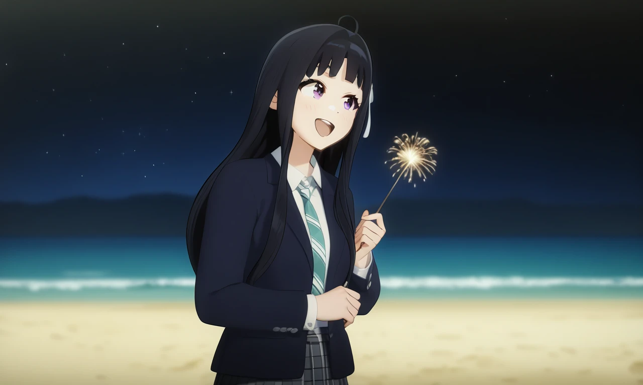 masterpiece,best quality,very aesthetic,absurdres,1girl,solo,<lora:anheang-000012:1>,open mouth,happy,grin,holding fireworks,play fireworks,landscape,(full_shot:1.1),looking_to_the_side,dark night,starry_sky,beach,