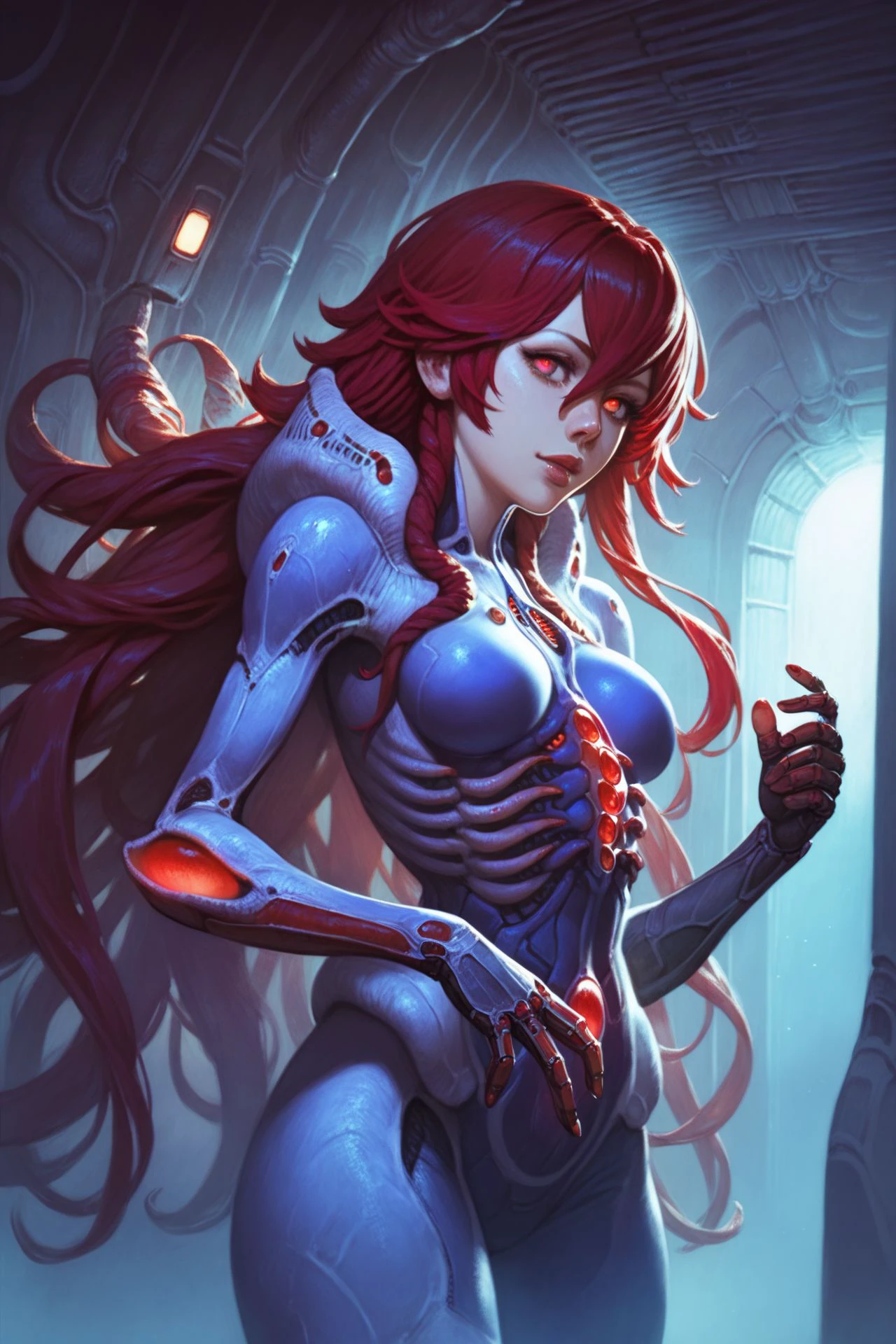 score_9, score_8_up, score_7_up, scorn-style, 1girl, solo, :3, ruby eyes, hair_between_eyes, very_long_hair, red hair, breasts, indoors, god rays, alien, science fiction, eldritch abomination, <lora:scorn_PonyXL_style_v01:1>