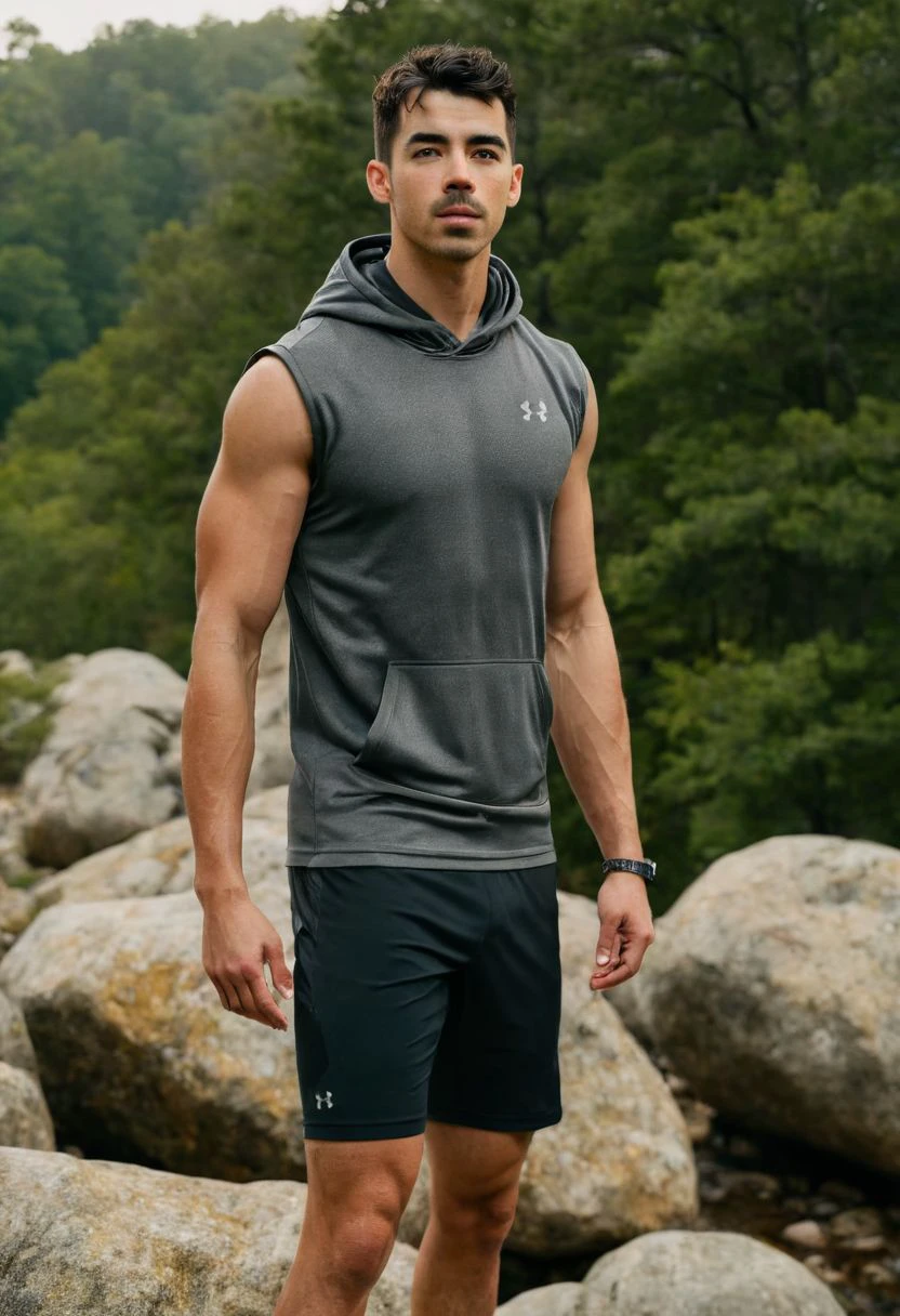 photo of Joe Jonas a man <lora:Joe-Jonas:0.75>, wearing a sleeveless well-fitted under armour hoodie and compression shorts, standing on a boulder, outdoor trail, 35mm photograph, film, bokeh, professional, 4k, highly detailed, creek in the background, natural lighting, golden hour