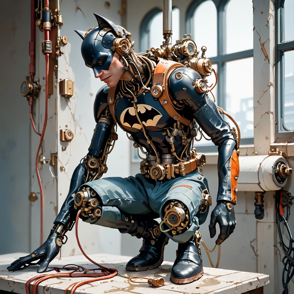 score_9,score_8_up,  <lora:Reelmech_pony_ed_v1_3:1>  batman is pissing to the toilet,  steampunk,mechanical parts, reelmech, (full-body view ),  realistic, cable, wires, joints