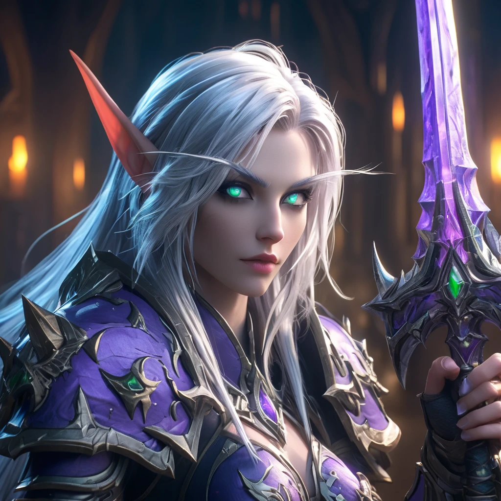 a close up cinematic shot of a beautiful female world of warcraft Night Elf wearing armor, beautiful white hair, green eyes, dungeon cellor in background, hkelf, HD, masterpiece, best quality, hyper detailed, ultra detailed